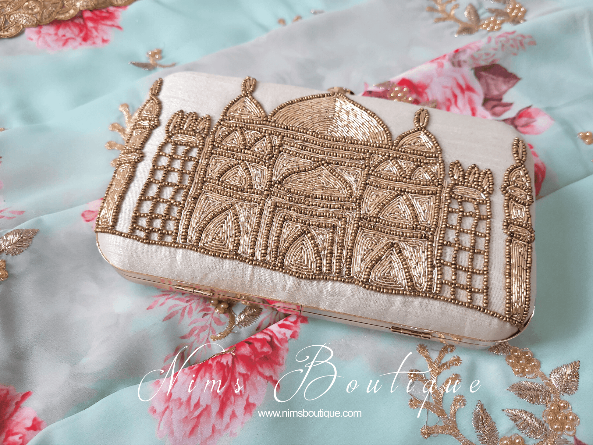 Nims Boutique Taj Cream Raw Silk Clutch Bag