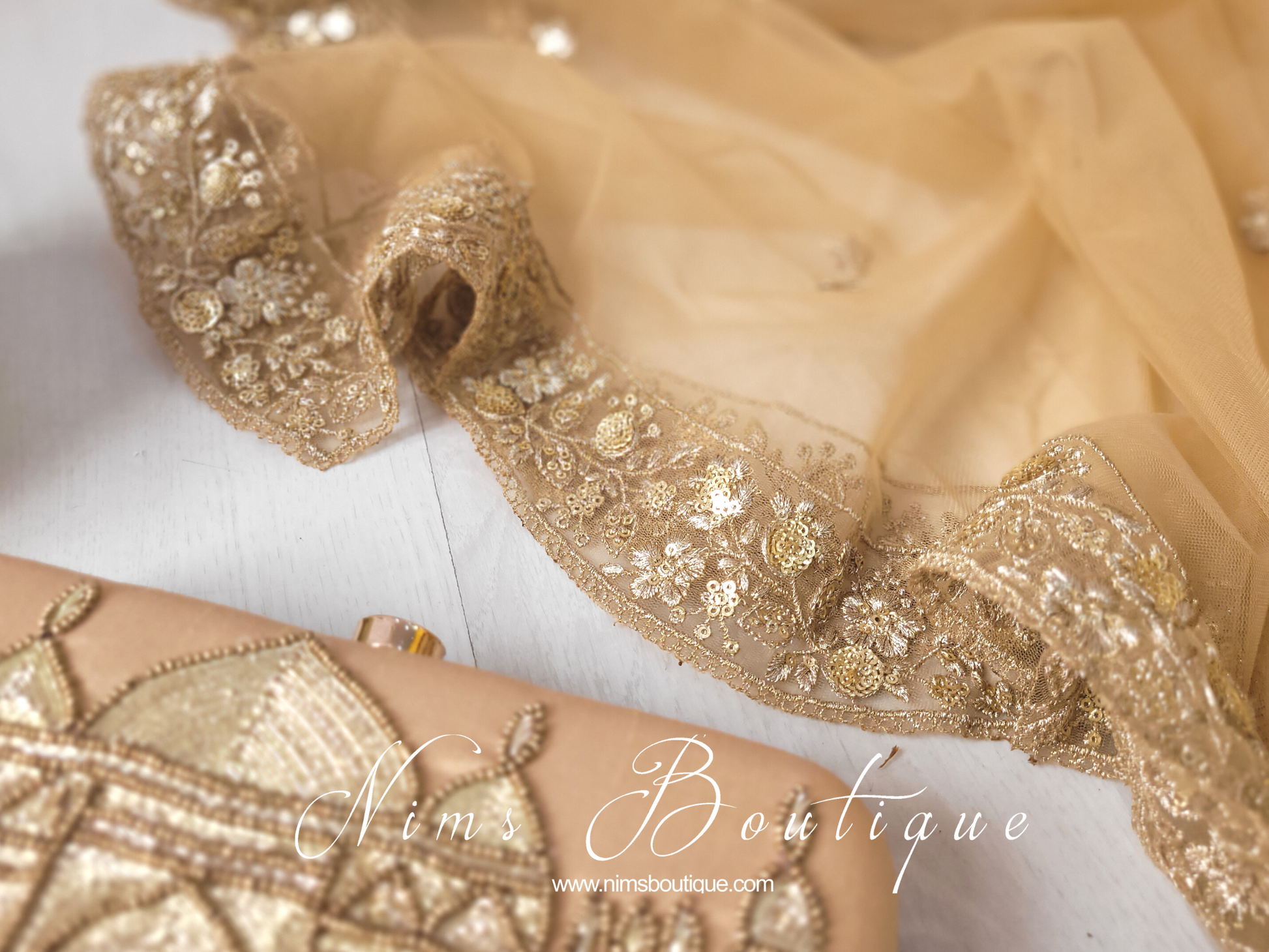 Nims Boutique Luxury Gold Net Sequin Scallop Edge Dupatta/Chunni SE4