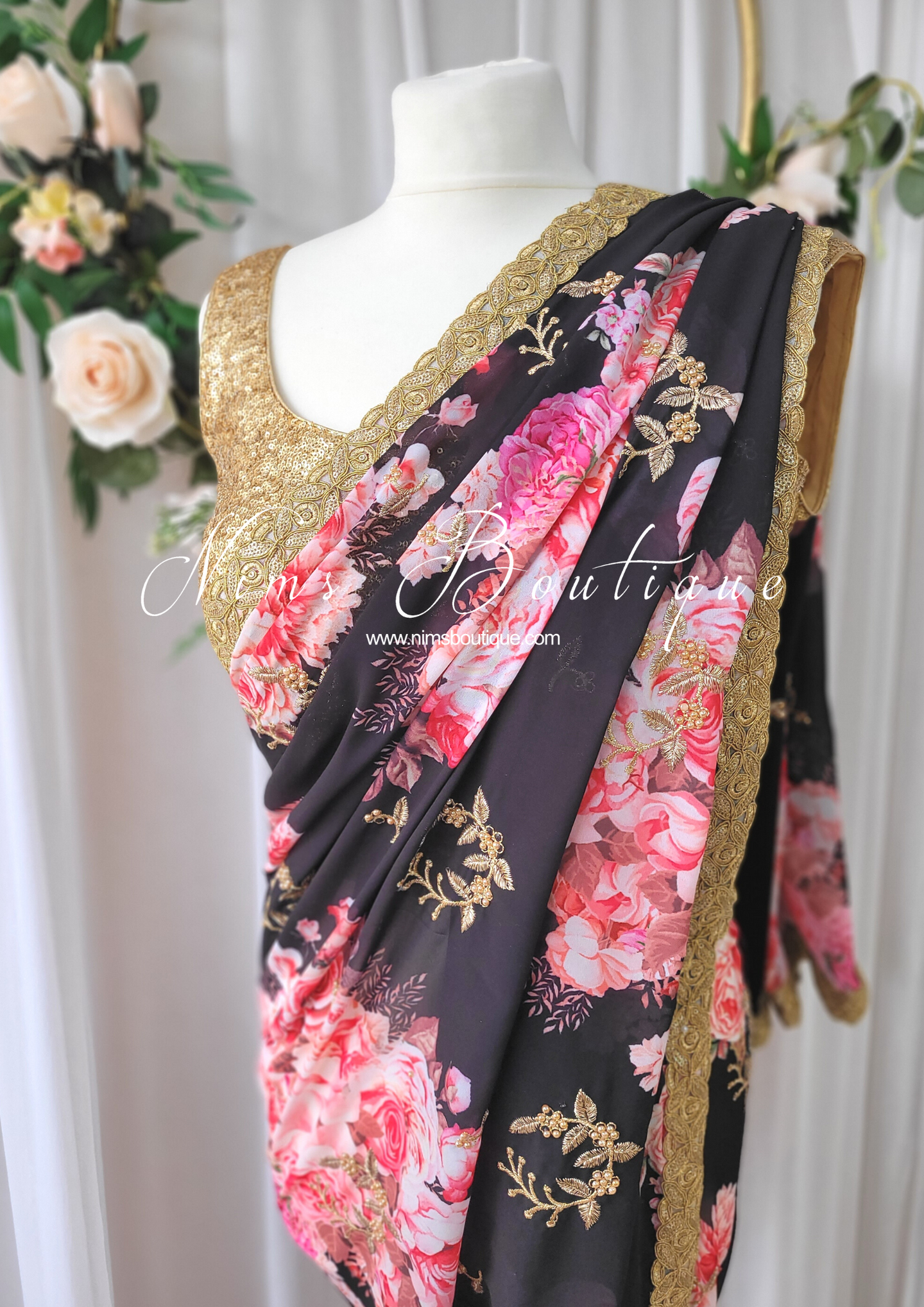 La Floraison Black Floral Georgette Saree