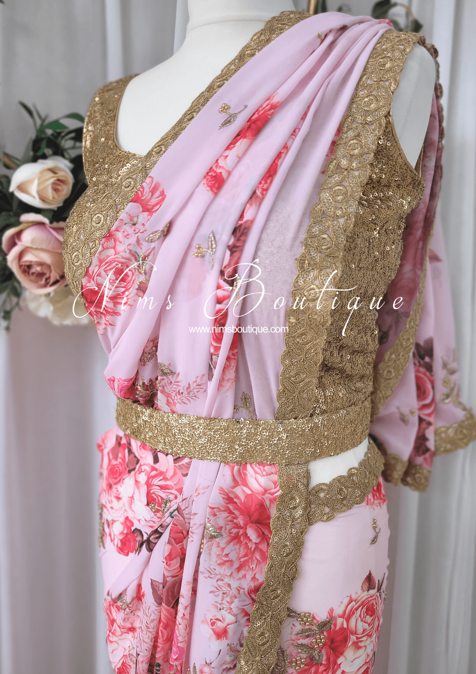 Nims Boutique La Floraison Pink Floral Georgette Saree