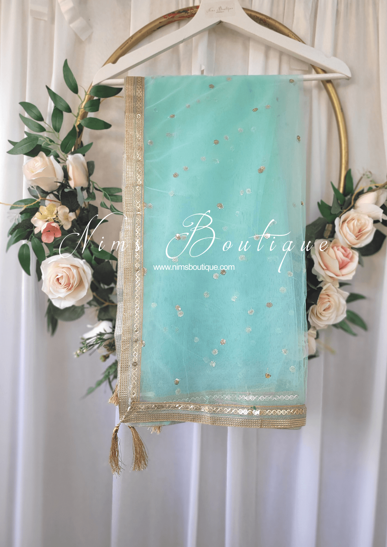 Nims Boutique Light Aqua Net Sequin Dupatta/Chunni NS13