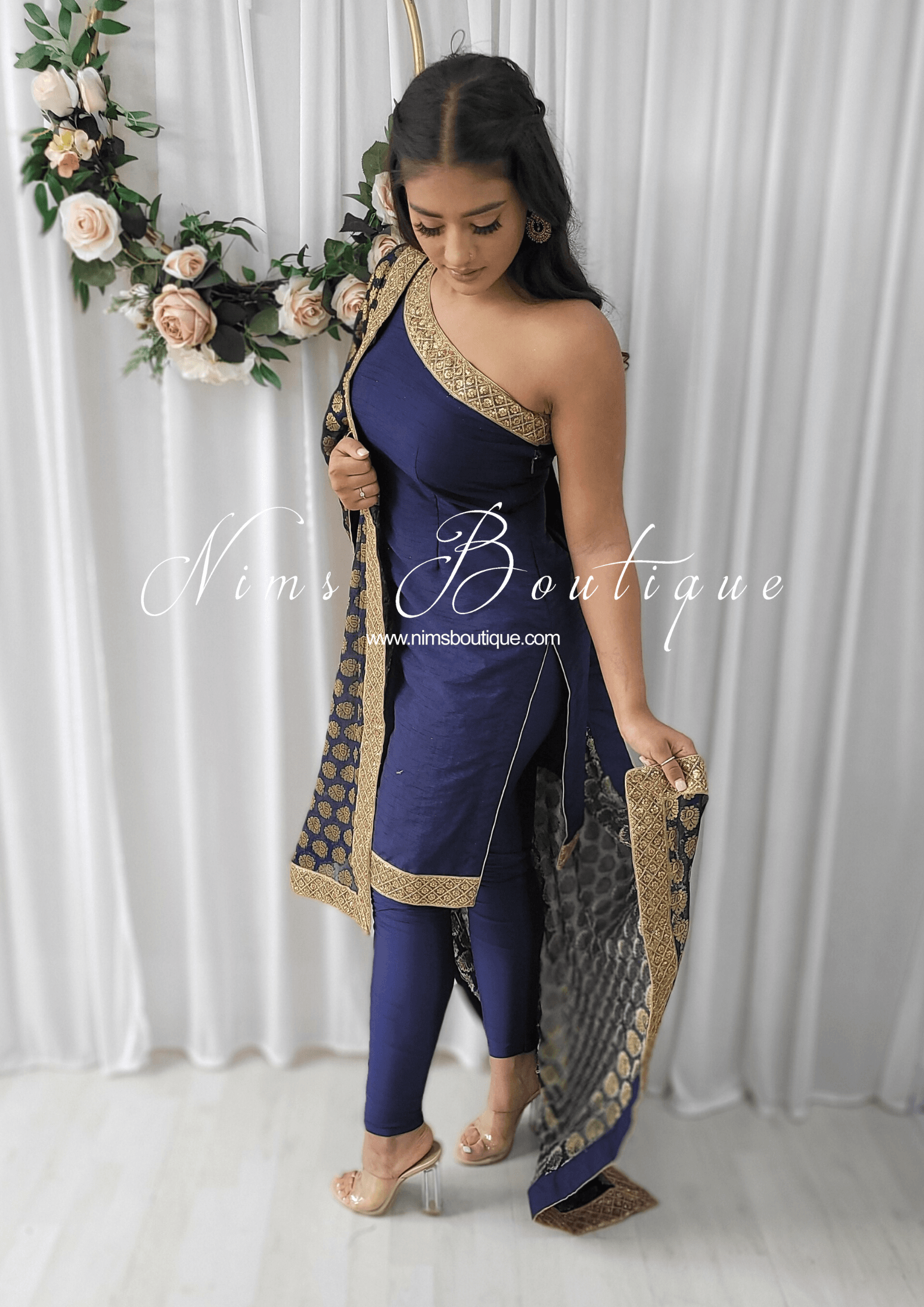 Nims Boutique One Shoulder Silk Navy Pajami Suit sizes 4-16