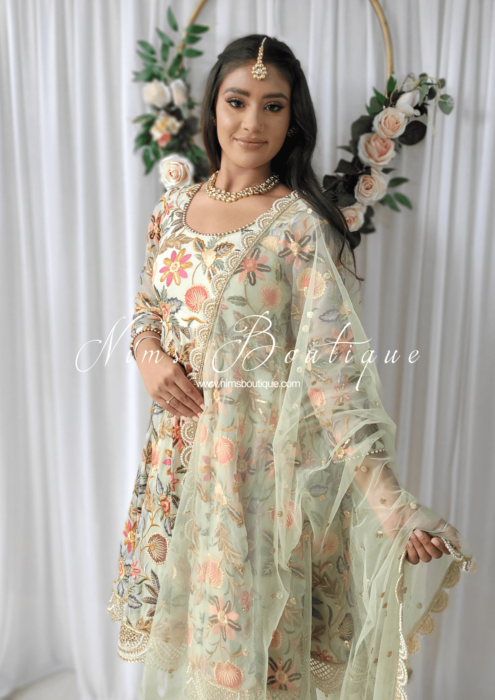 Nims Boutique Roselyn Green Luxury Anarkali Suit with Pajami sizes 4-16