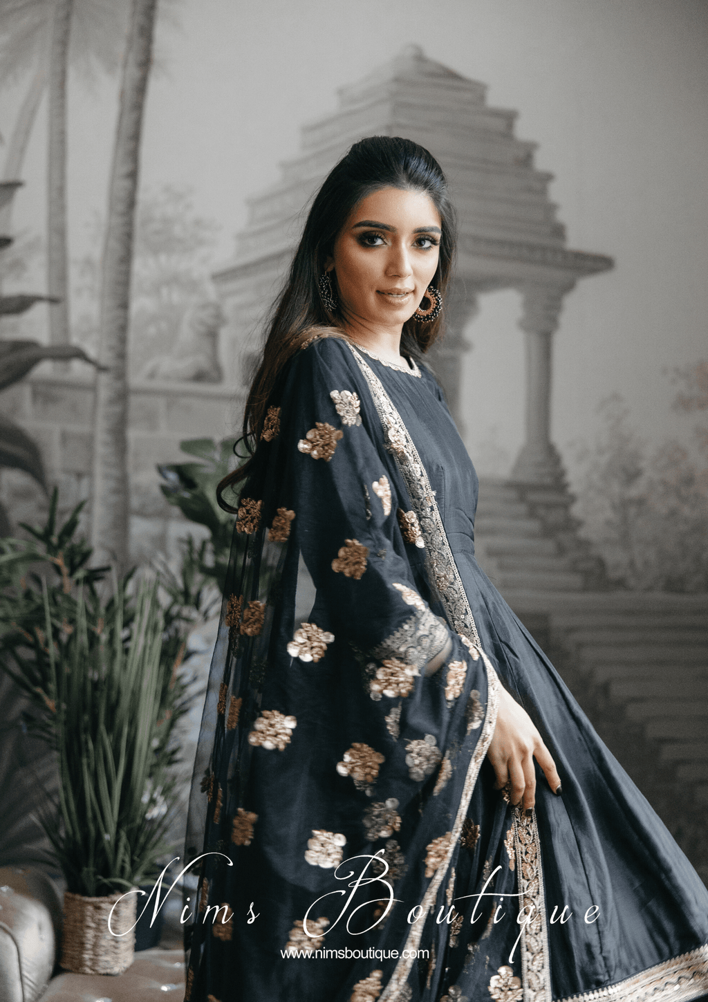 Nims Boutique Rashmi Luxury Black Silk Anarkali Suit with Pajami Sizes 4-16