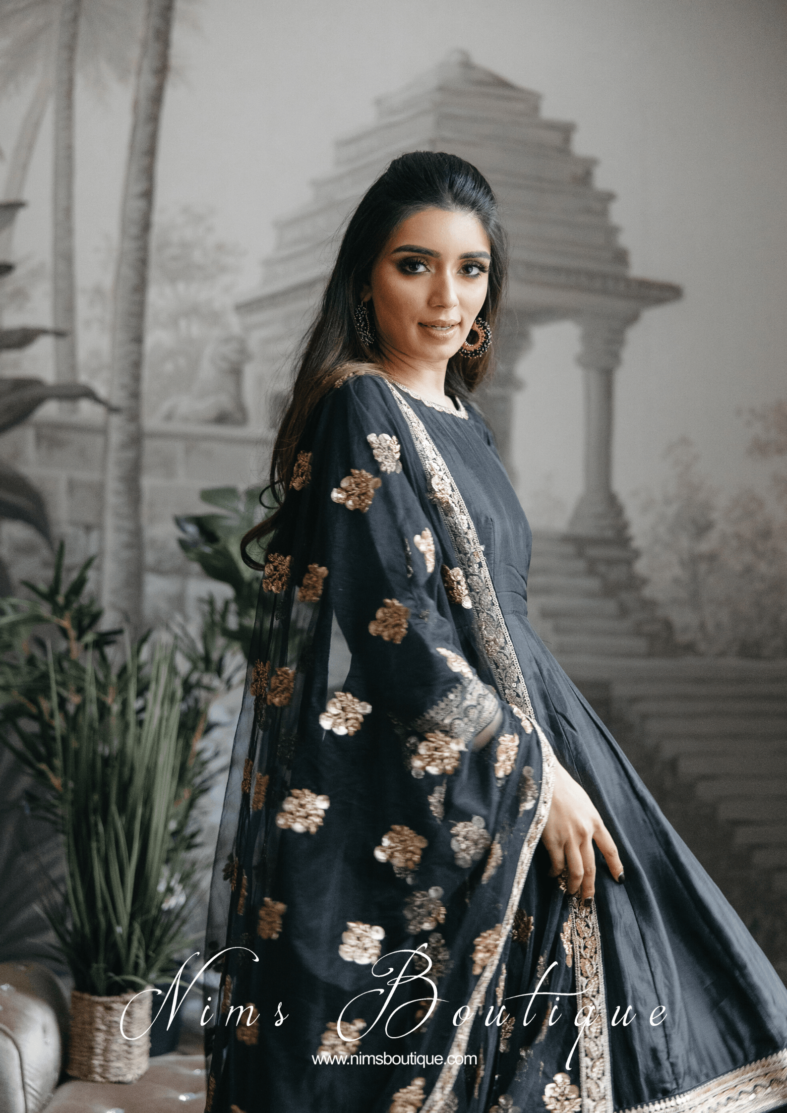 Nims Boutique Rashmi Luxury Black Silk Anarkali Suit with Pajami Sizes 4-16