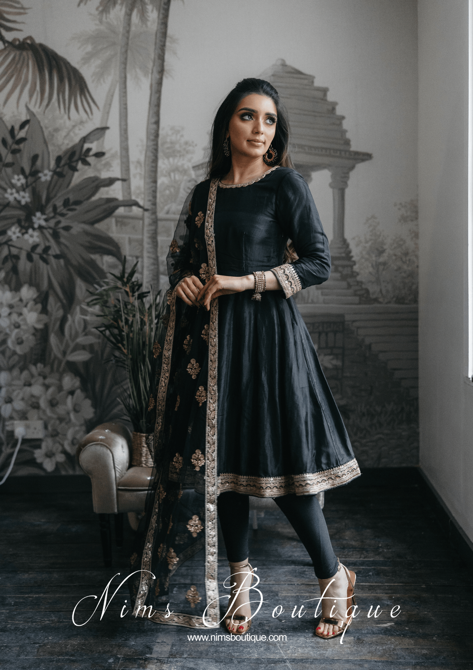 Nims Boutique Rashmi Luxury Black Silk Anarkali Suit with Pajami Sizes 4-16