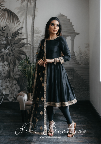 Rashmi Luxury Black Silk Anarkali Suit with Pajami (Sizes 4-16)