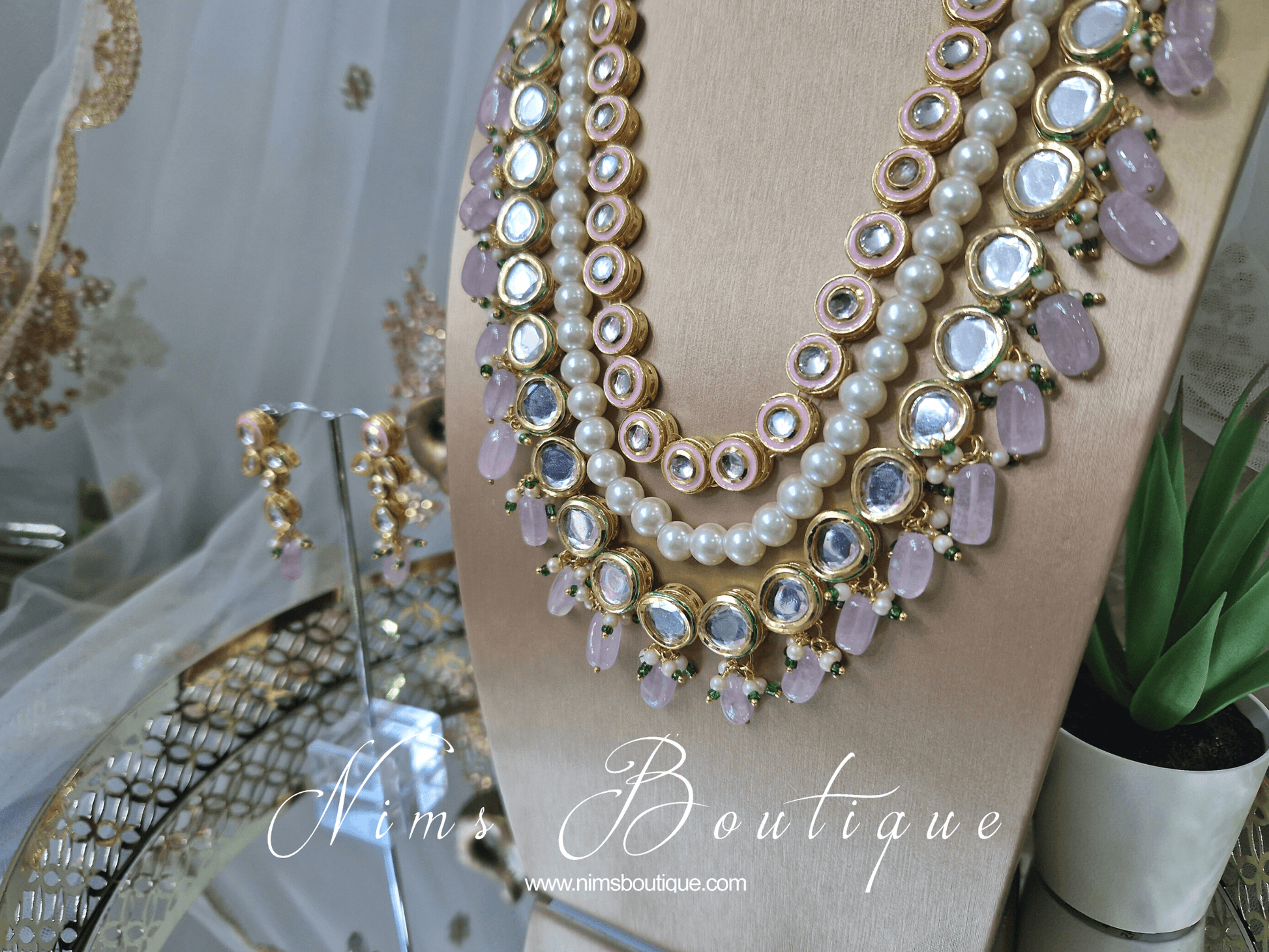 Nims Boutique Myra Blossom Kundan Lilac & Pink Haar Set