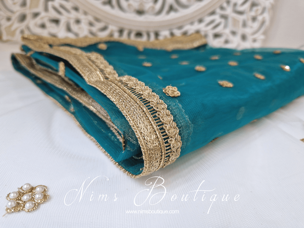 Nims Boutique Luxury Peacock Green Net Sequin Dupatta/Chunni LNS12