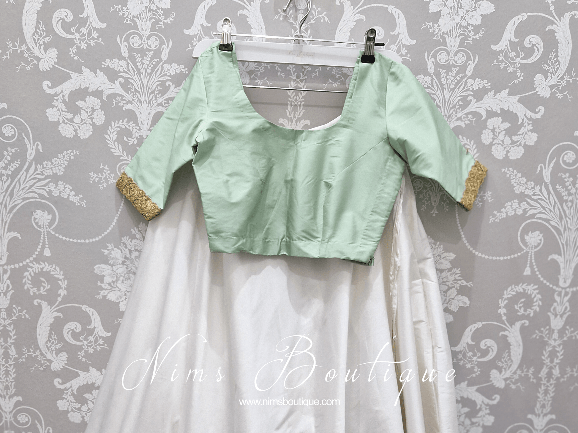 Nims Boutique Mint Pure Silk Scoop Neck Blouse with sleeves, gold edging size 4-20
