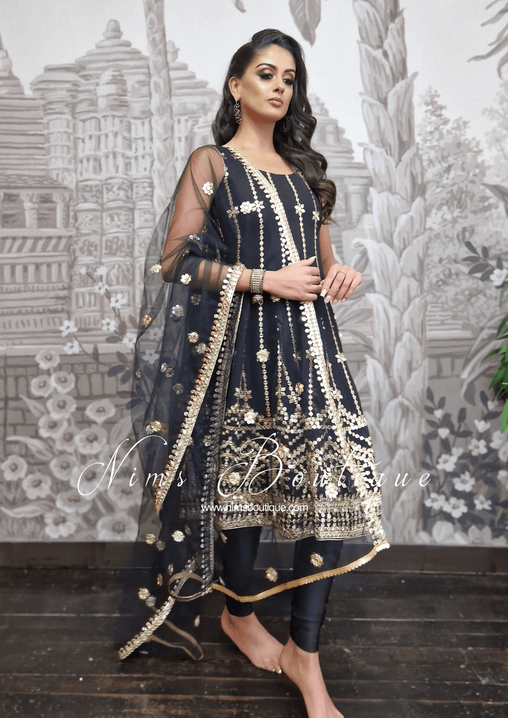 Nims Boutique Sofiya Black Sequin Anarkali Suit with Pajami sizes 4-16