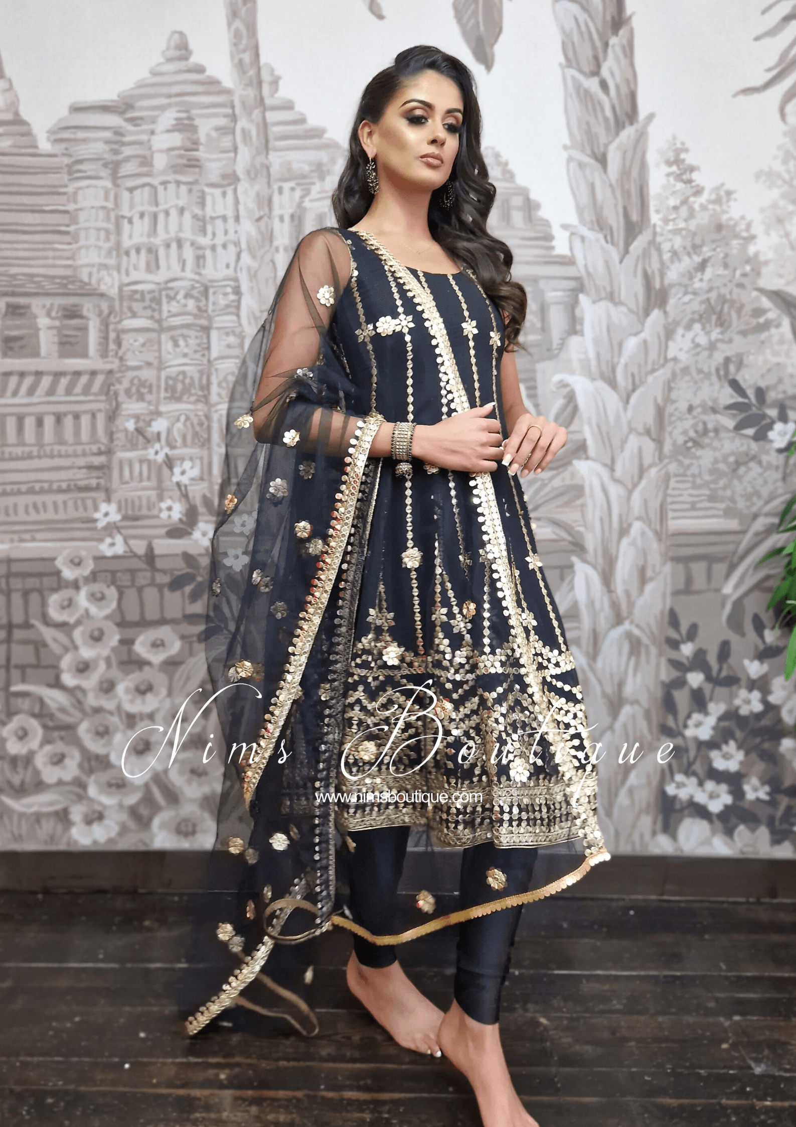 Nims Boutique Sofiya Black Sequin Anarkali Suit with Pajami sizes 4-16