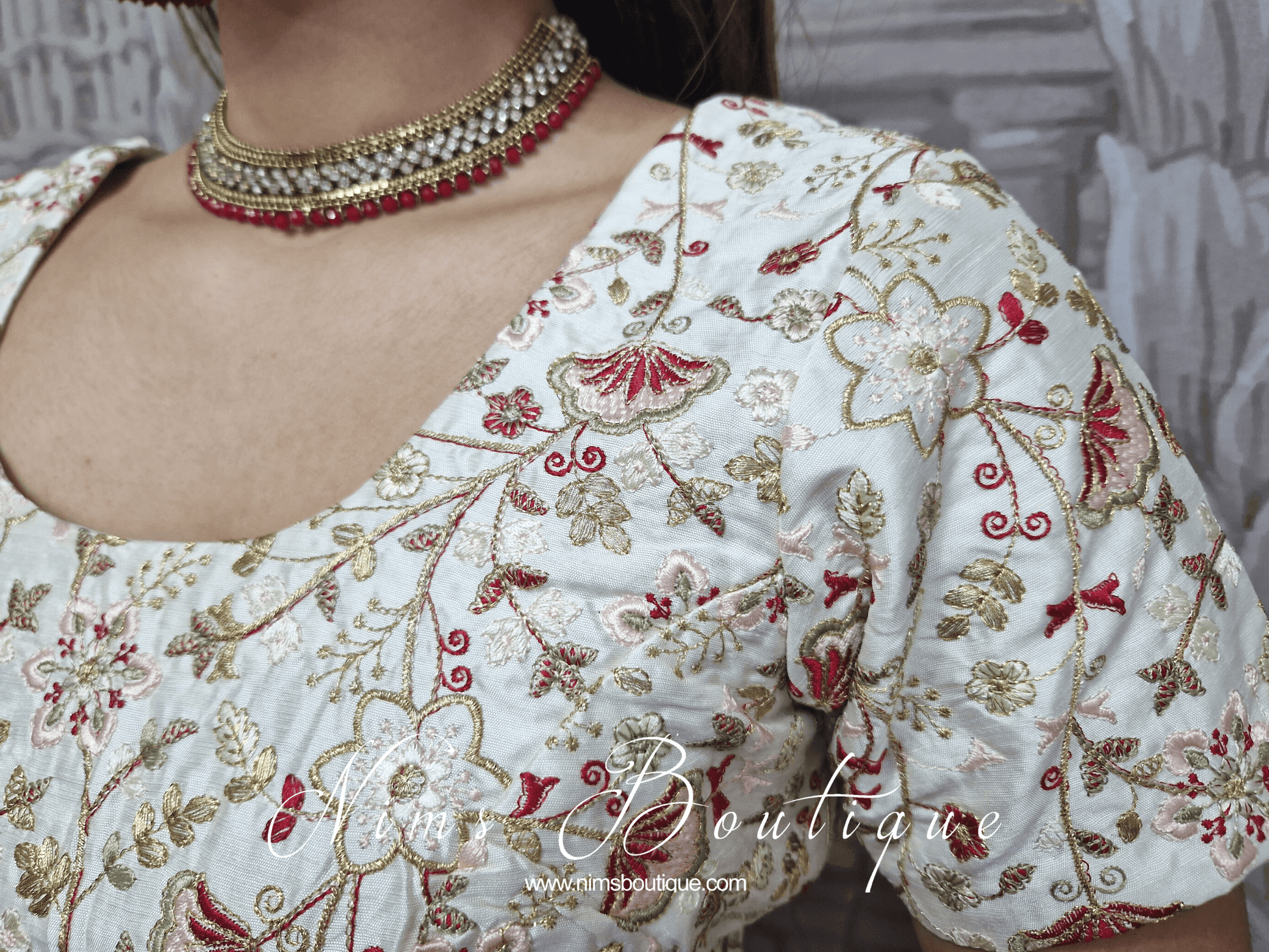 Nims Boutique Isabel Readymade Ivory & Red Embroidered Blouse sizes 4-12