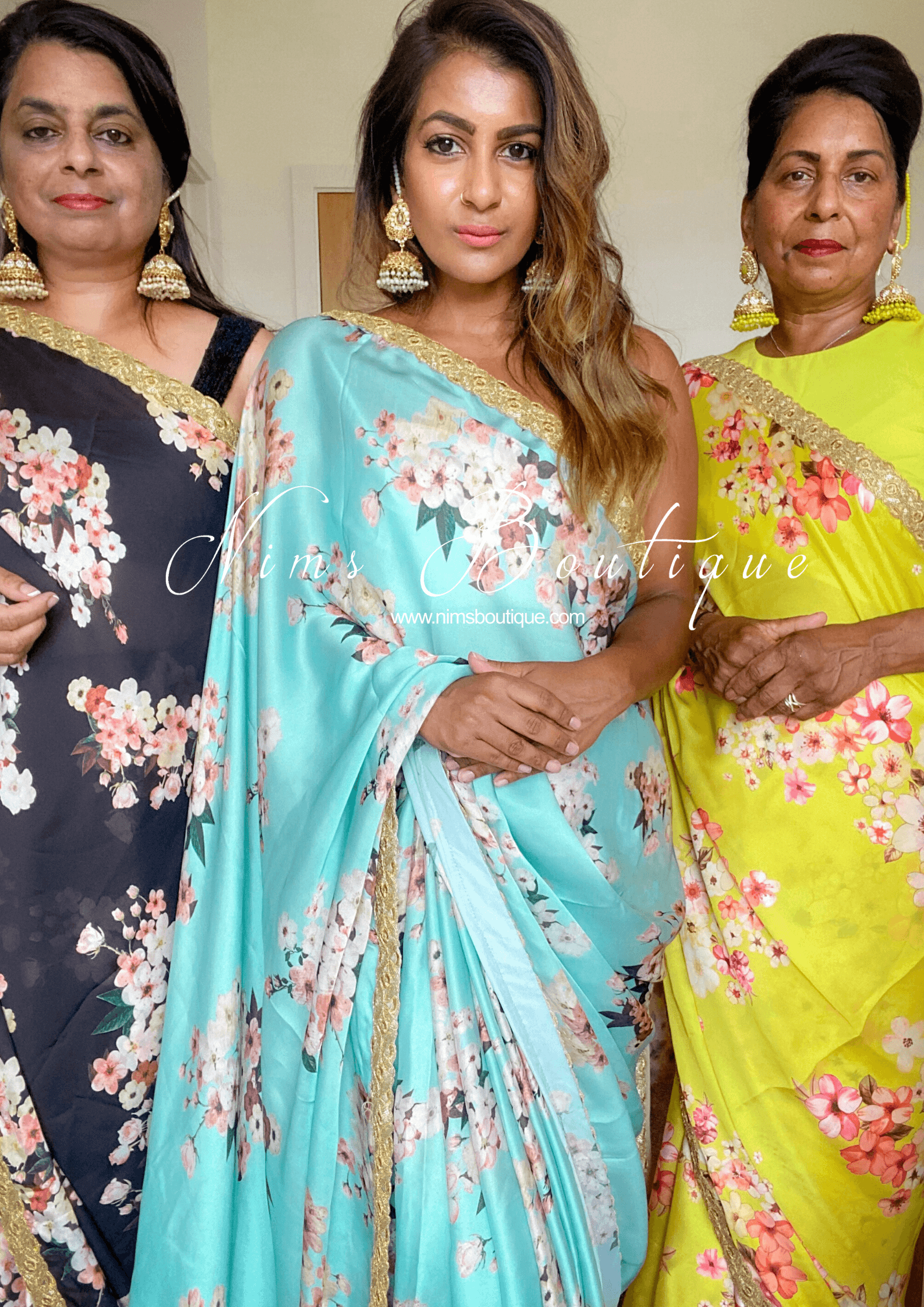 Nims Boutique La Floraison Yellow Floral Satin Saree