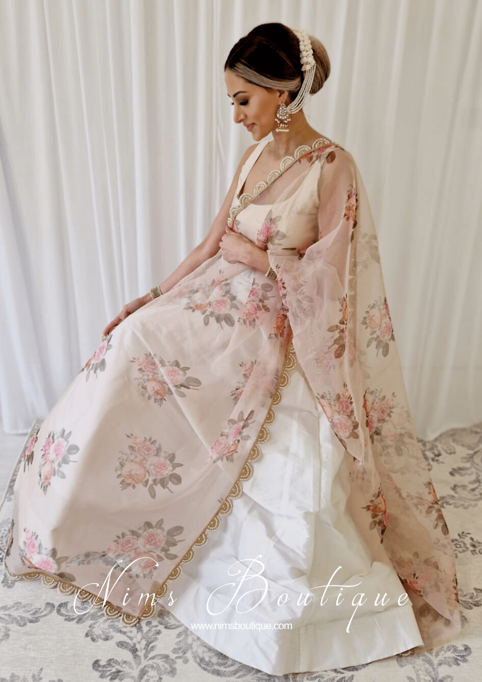 Nims Boutique Dusky Peach Organza Floral Dupatta/Chunni with Luxury Pearl Edging