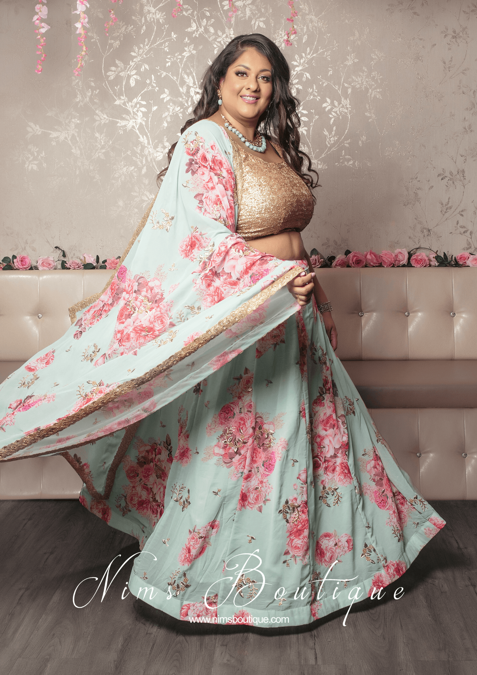 Nims Boutique La Floraison Mint Georgette Floral readymade skirt/lehnga sizes 4-26