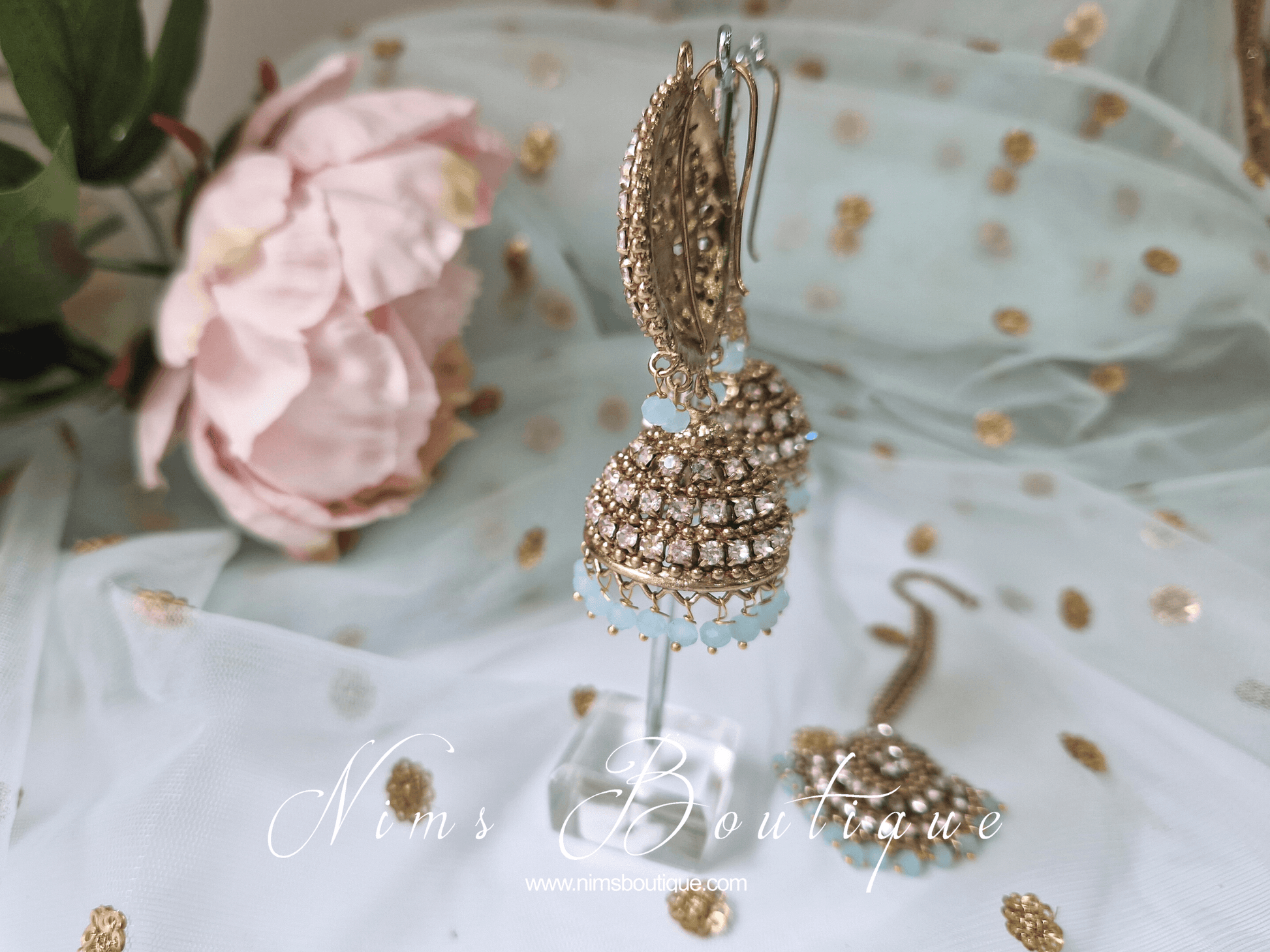 Nims Boutique Royal Antique Gold & Light Blue Tikka Set