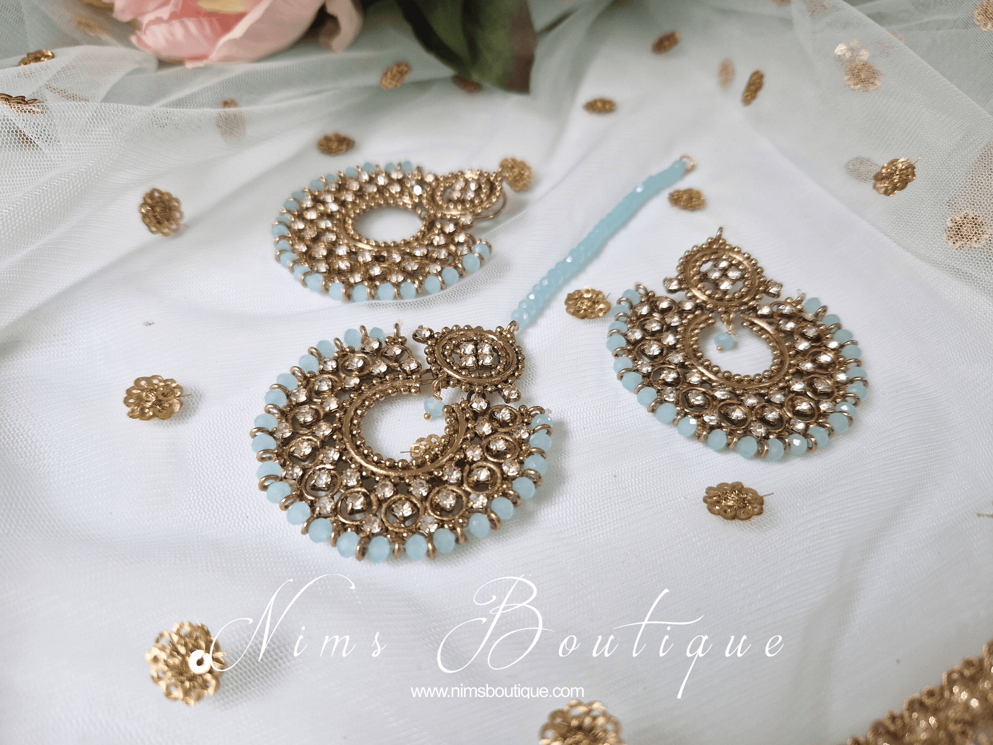 Nims Boutique Royal Antique Gold & Light Blue Chand Tikka Set 6cm