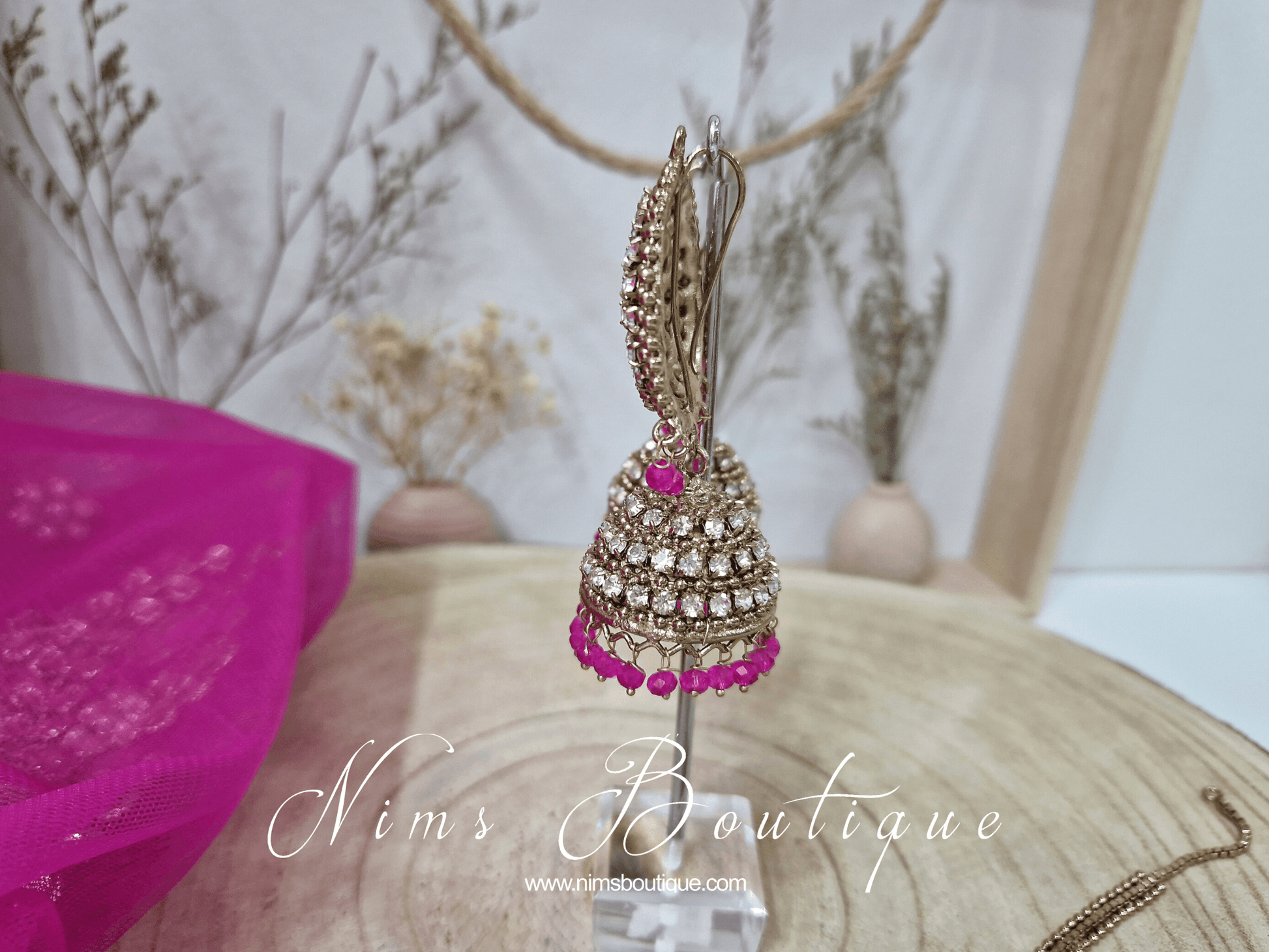 Nims Boutique Royal Antique Gold & Hot Pink Tikka Set