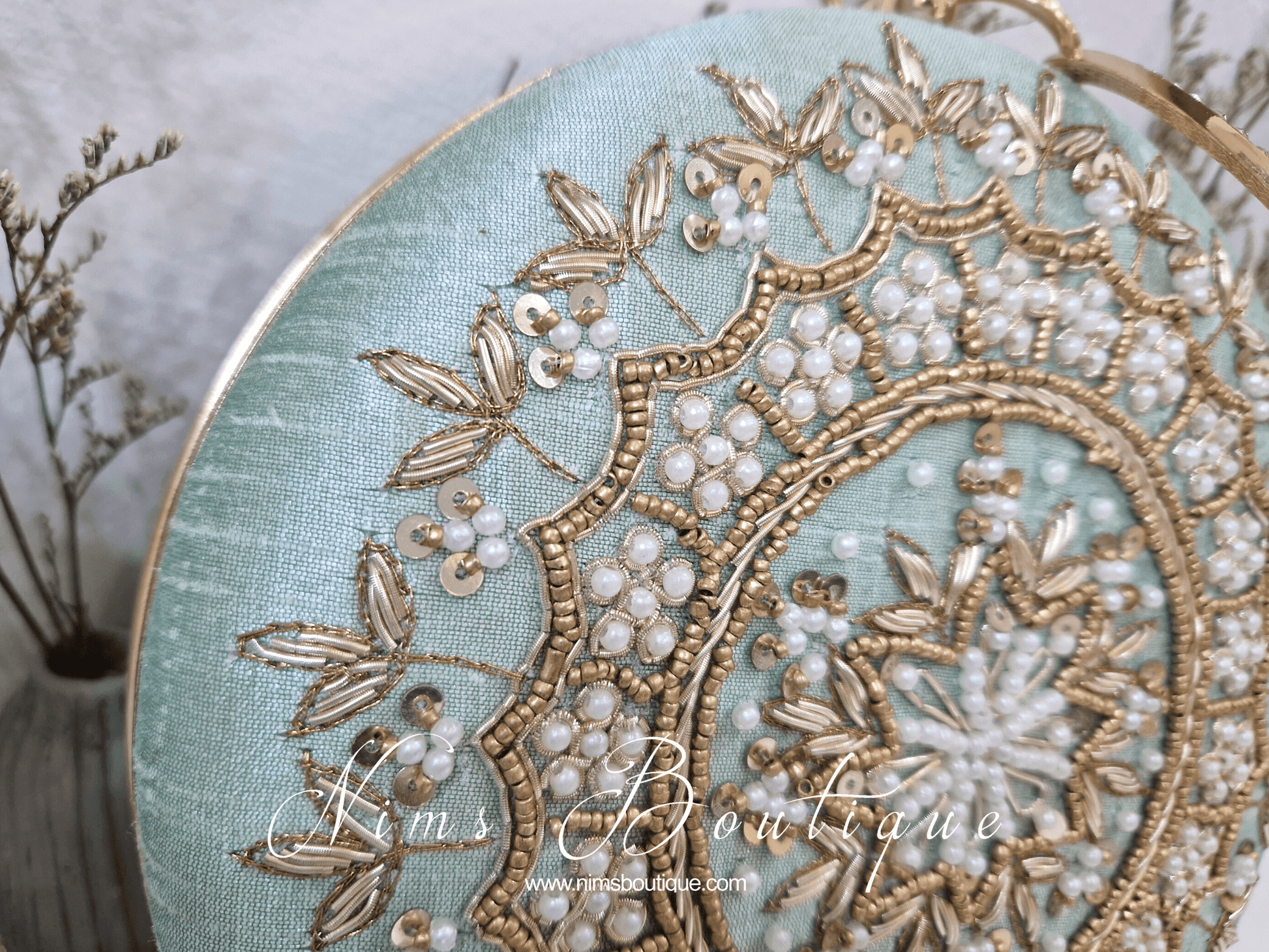 Nims Boutique Large Round Mint Green & Pearl Clutch Bag