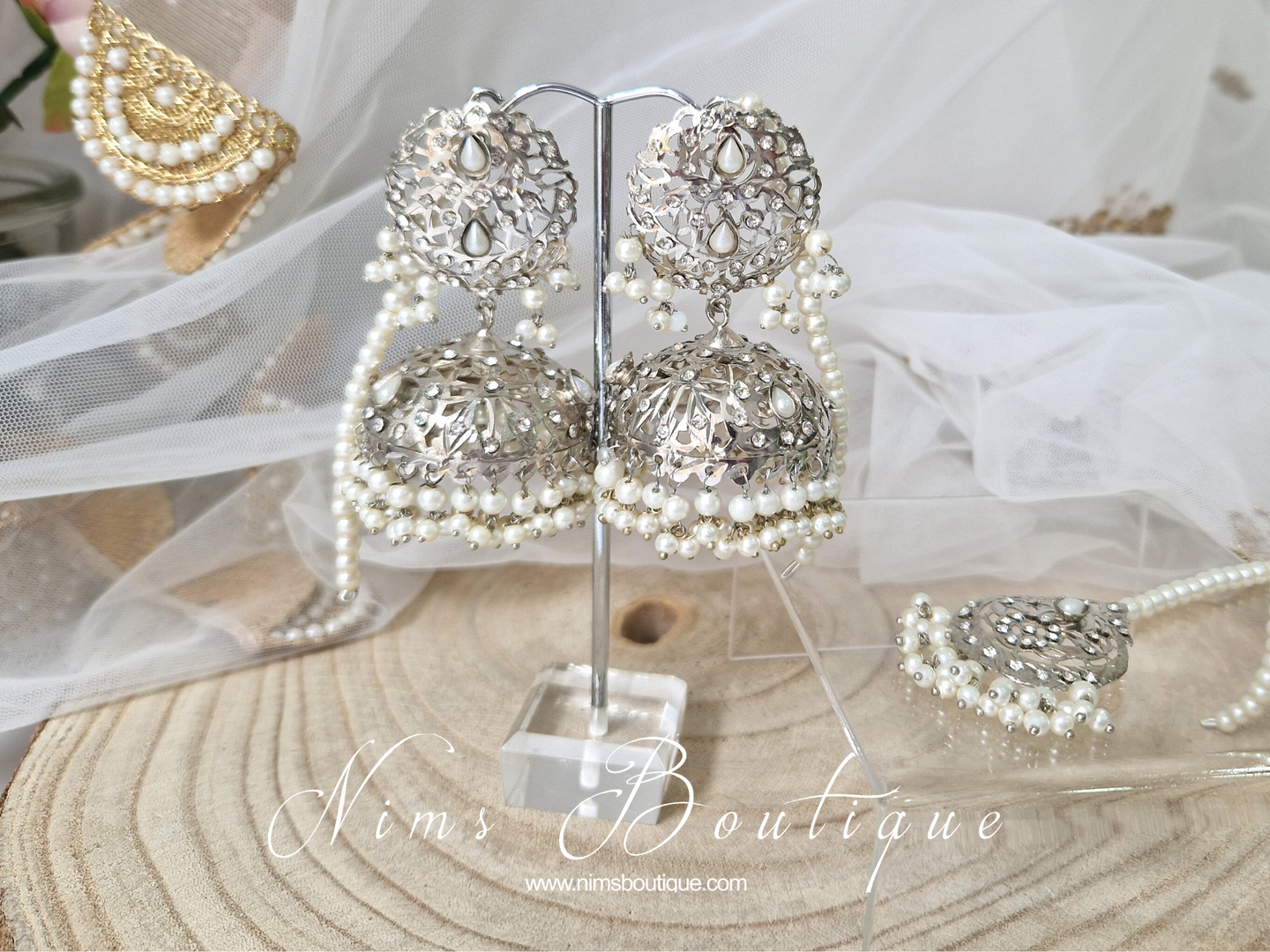 Mughal Silver & Pearl Earrings & Tikka Set