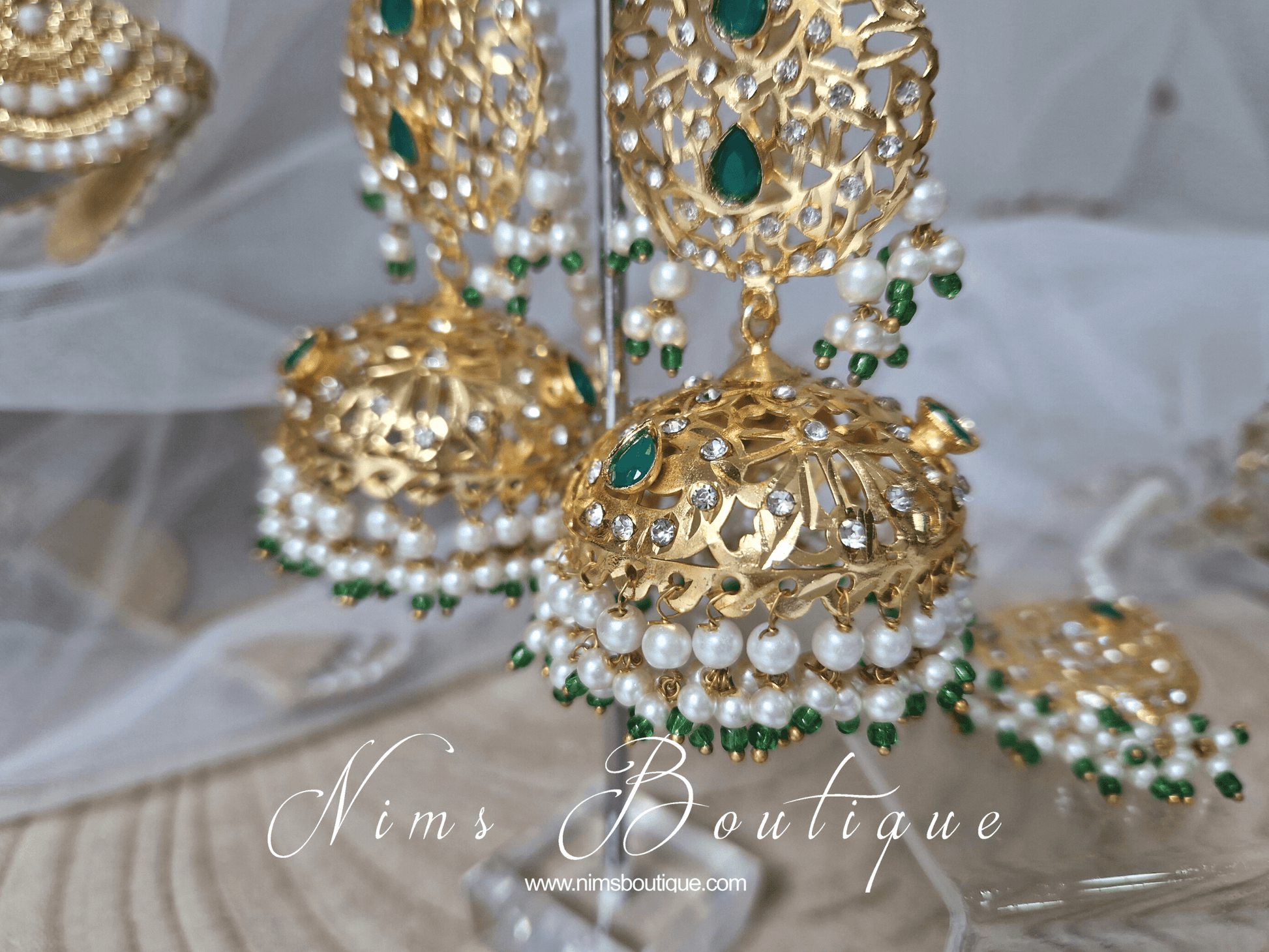 Nims Boutique Mughal Gold & Green Earrings & Tikka Set
