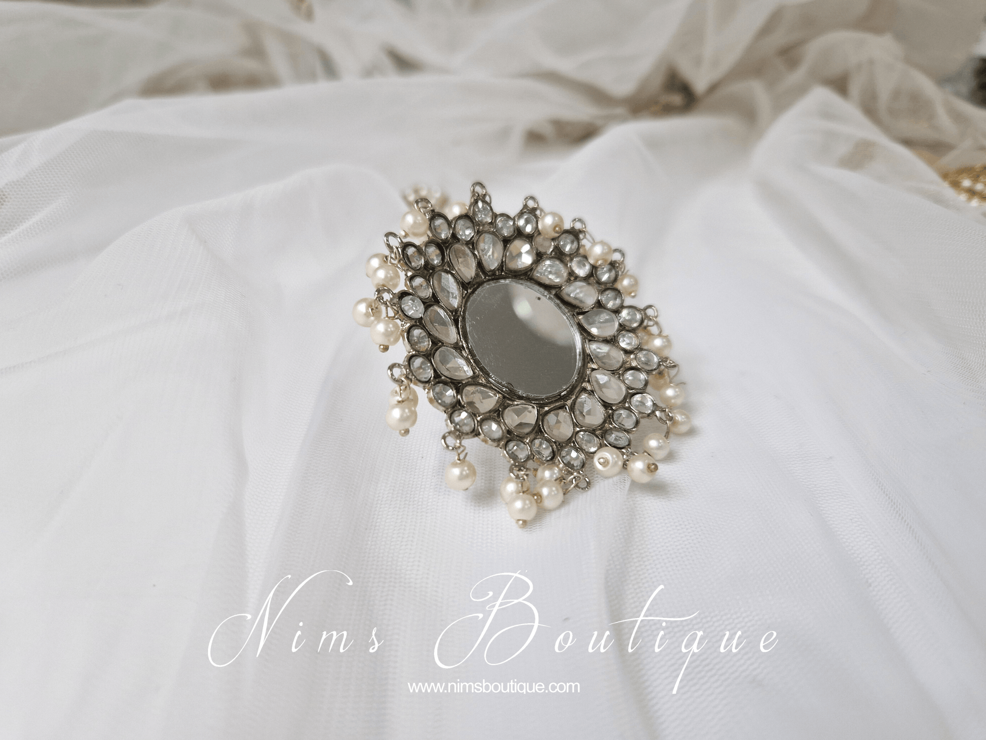 Nims Boutique Large Statement Royal Silver & Pearl Mirror Ring