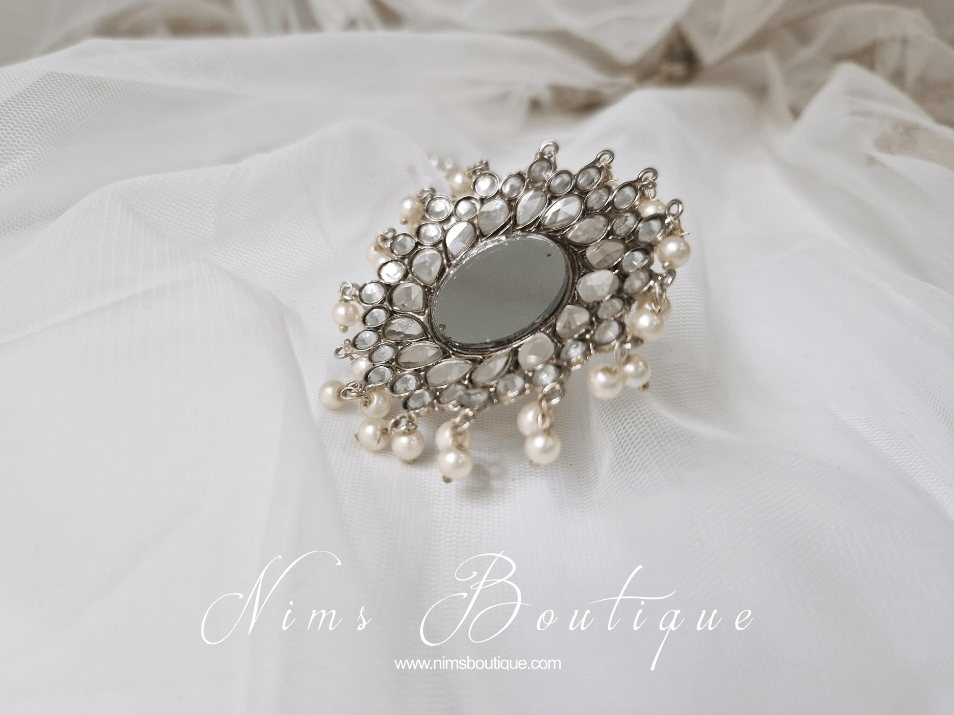 Nims Boutique Large Statement Royal Silver & Pearl Mirror Ring