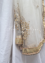 Oyster White Net Pearl Embellished Dupatta/Chunni with Gold Border