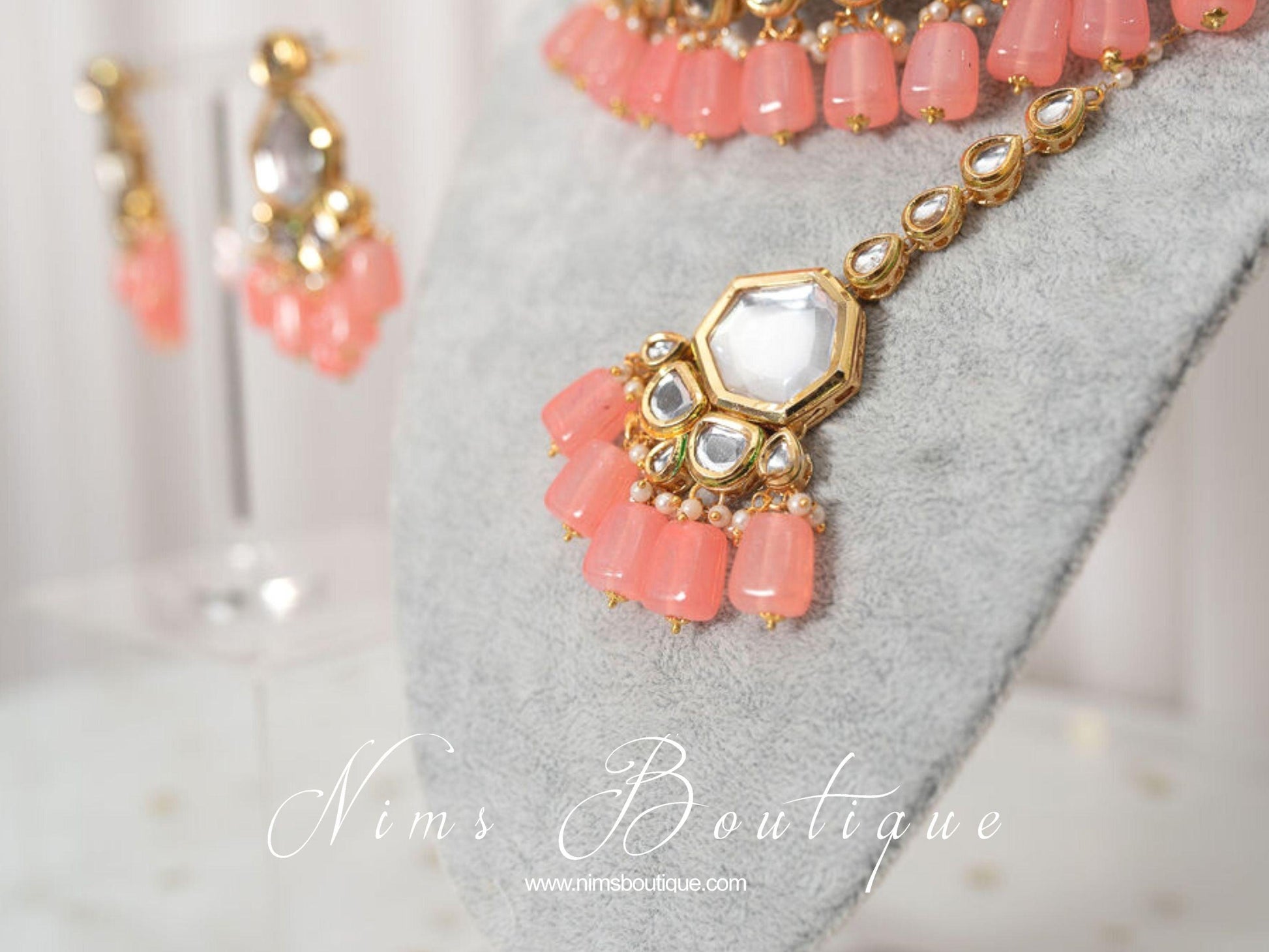 Nims Boutique Pihu Light Coral Blossom Kundan Set
