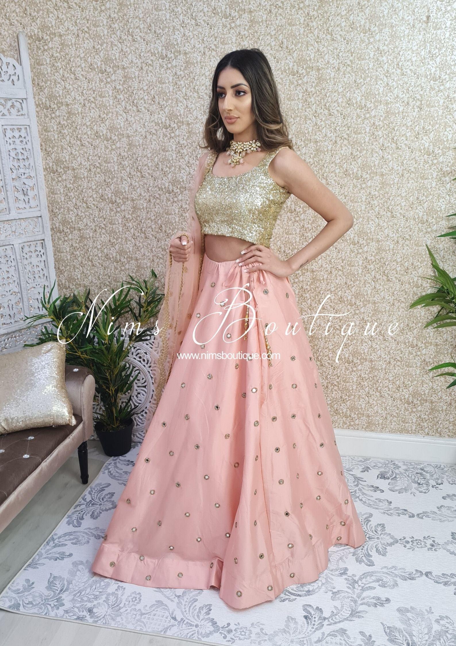 Nims Boutique Rani Luxury Peach Mirror readymade skirt/lehnga sizes 4-22