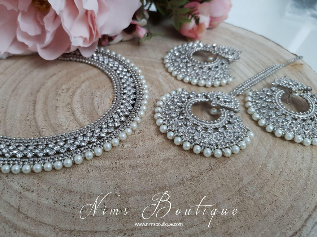 Nims Boutique Statement Royal Silver & Pearl Necklace
