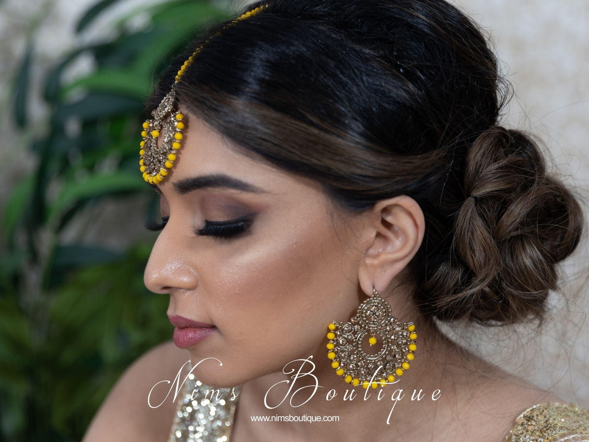 Nims Boutique Royal Dark Yellow & Gold Stone Chand Tikka Set