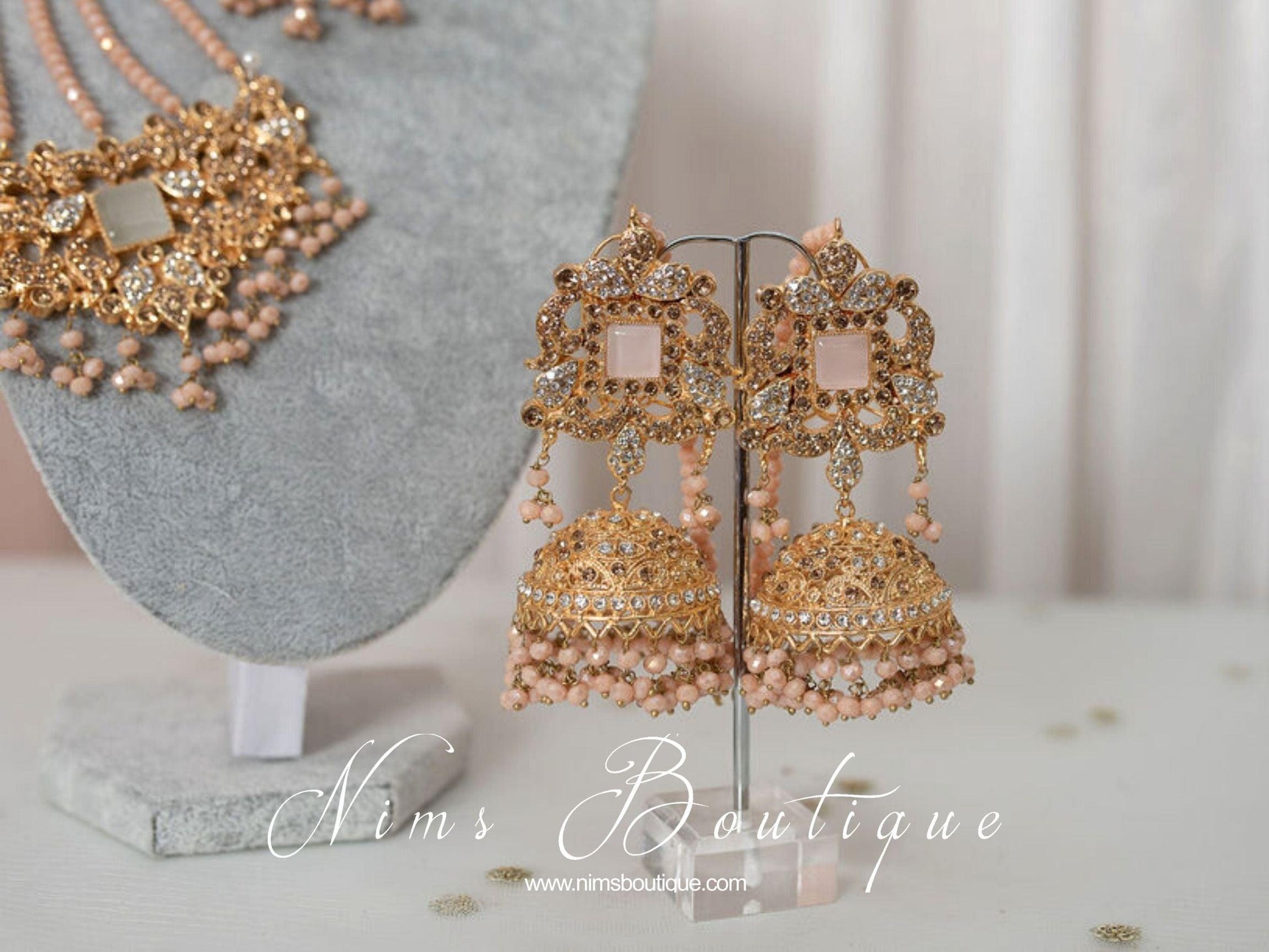Nims Boutique Ridhi Peach Earrings, Tikka & Passa Set