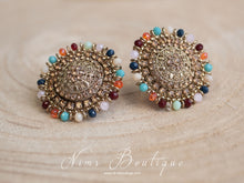 Large Royal Antique Gold & Multicolour Stud earrings (Blue/Brown/Orange)