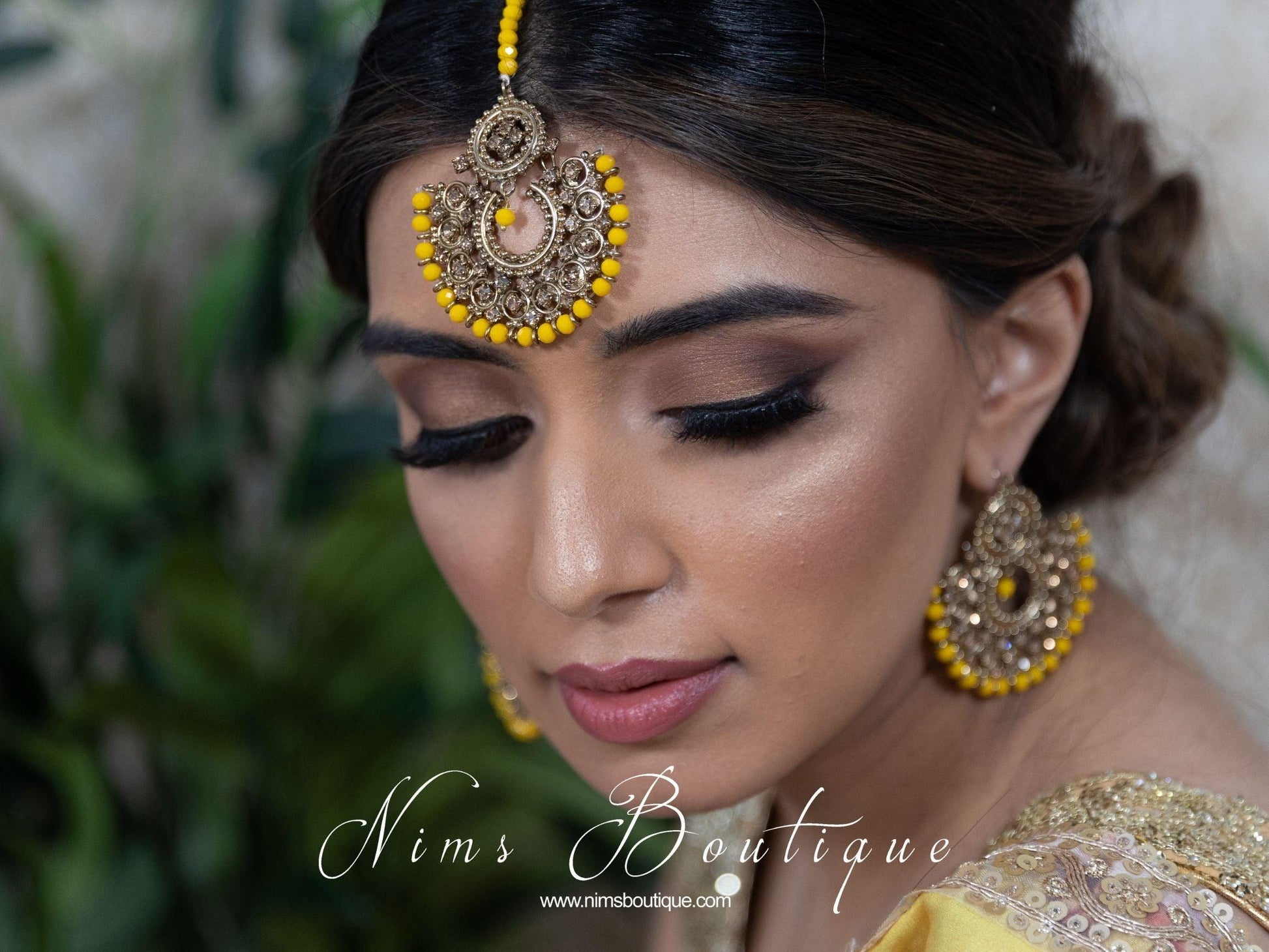 Nims Boutique Royal Dark Yellow & Gold Stone Chand Tikka Set