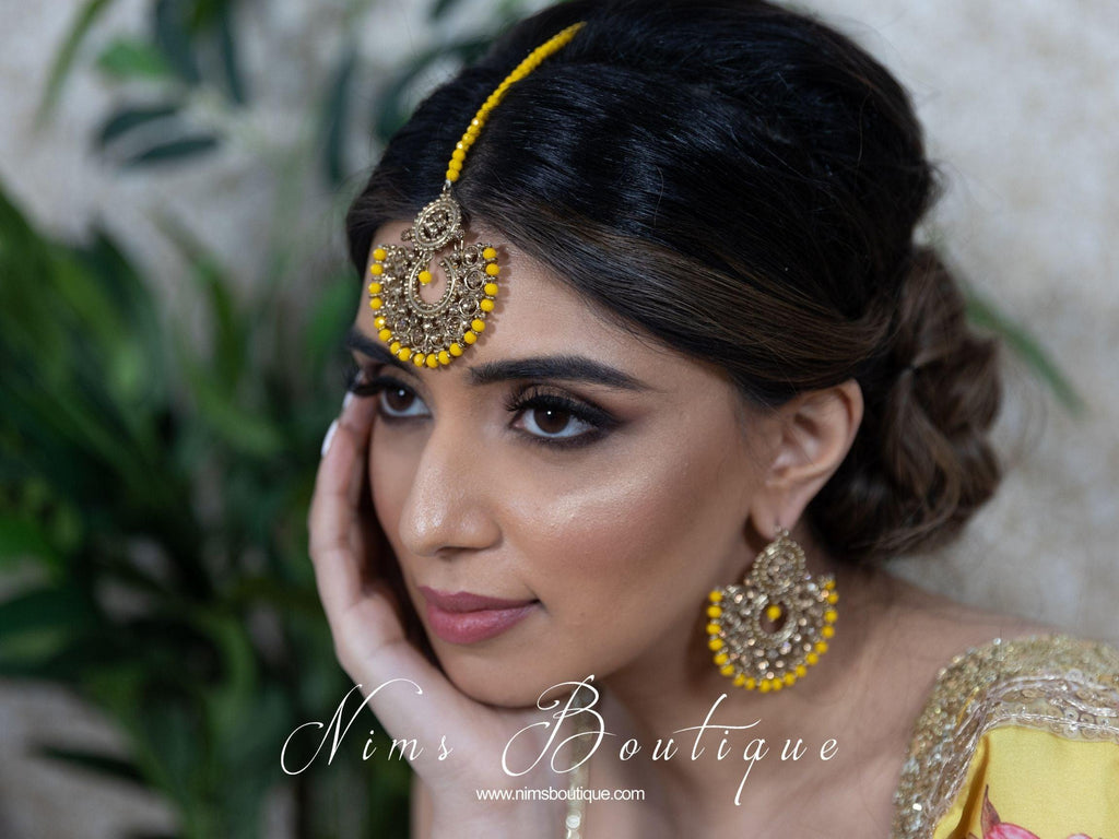 Nims Boutique Royal Dark Yellow & Gold Stone Chand Tikka Set