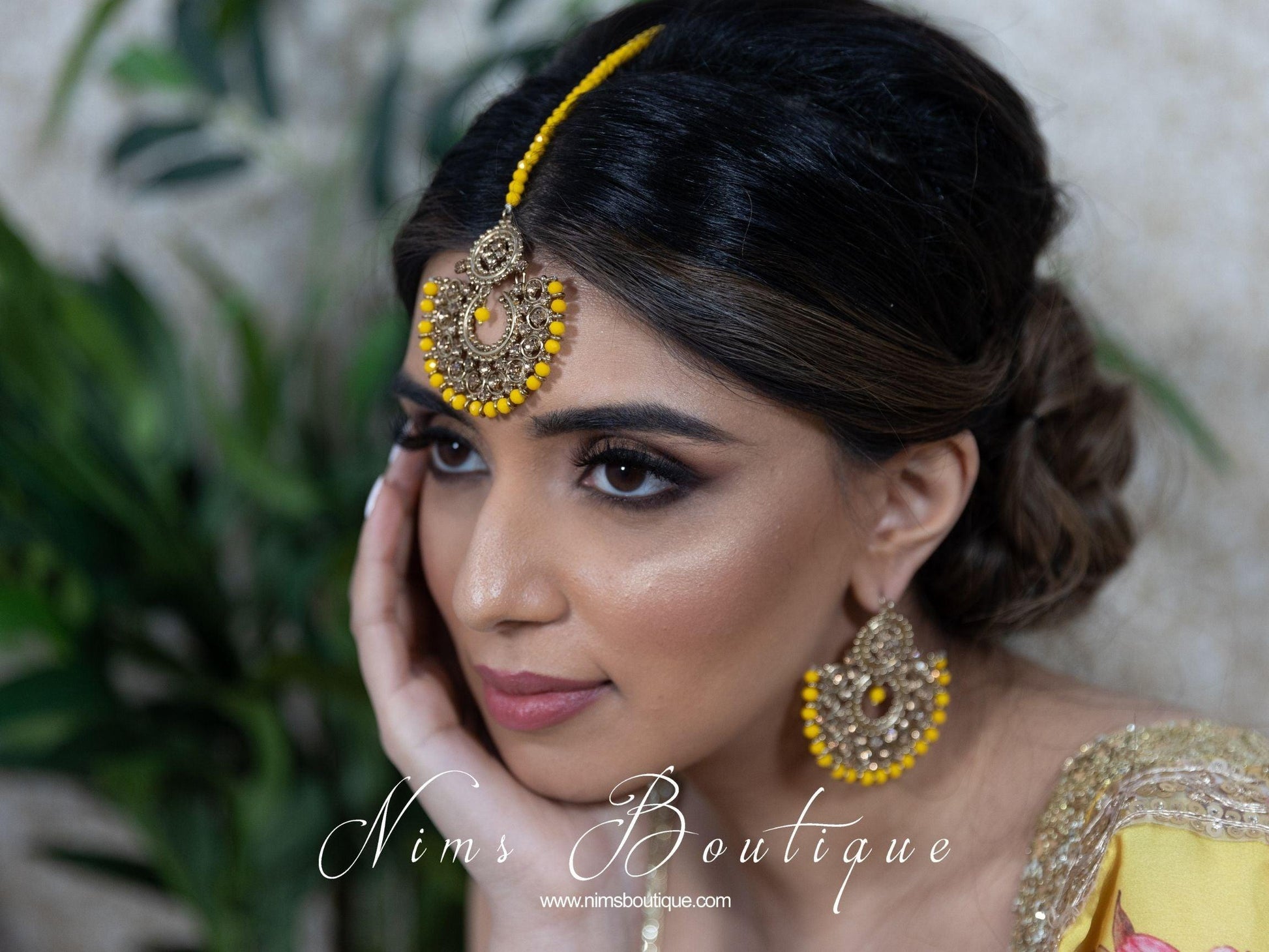 Nims Boutique Royal Dark Yellow & Gold Stone Chand Tikka Set