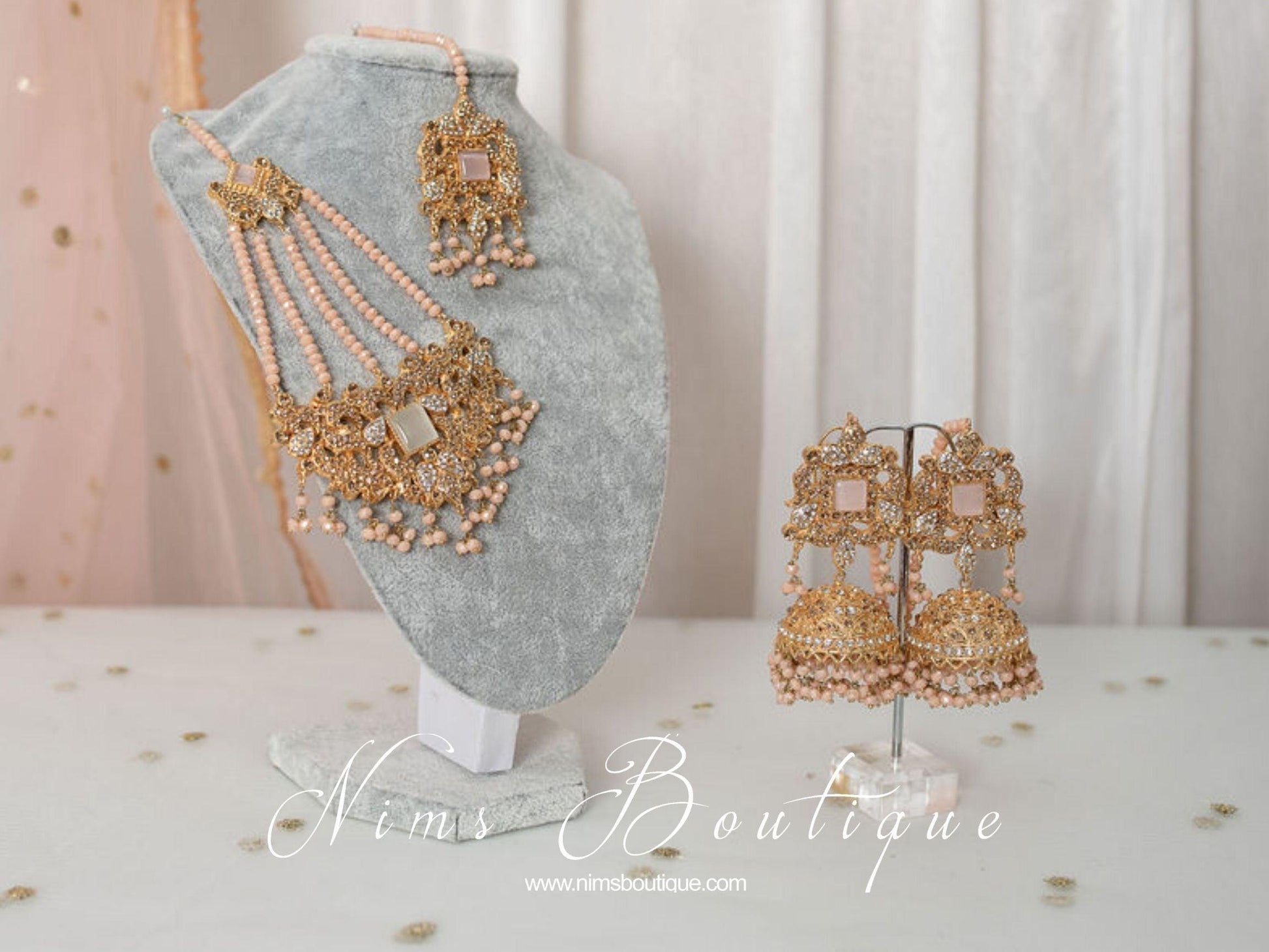 Nims Boutique Ridhi Peach Earrings, Tikka & Passa Set