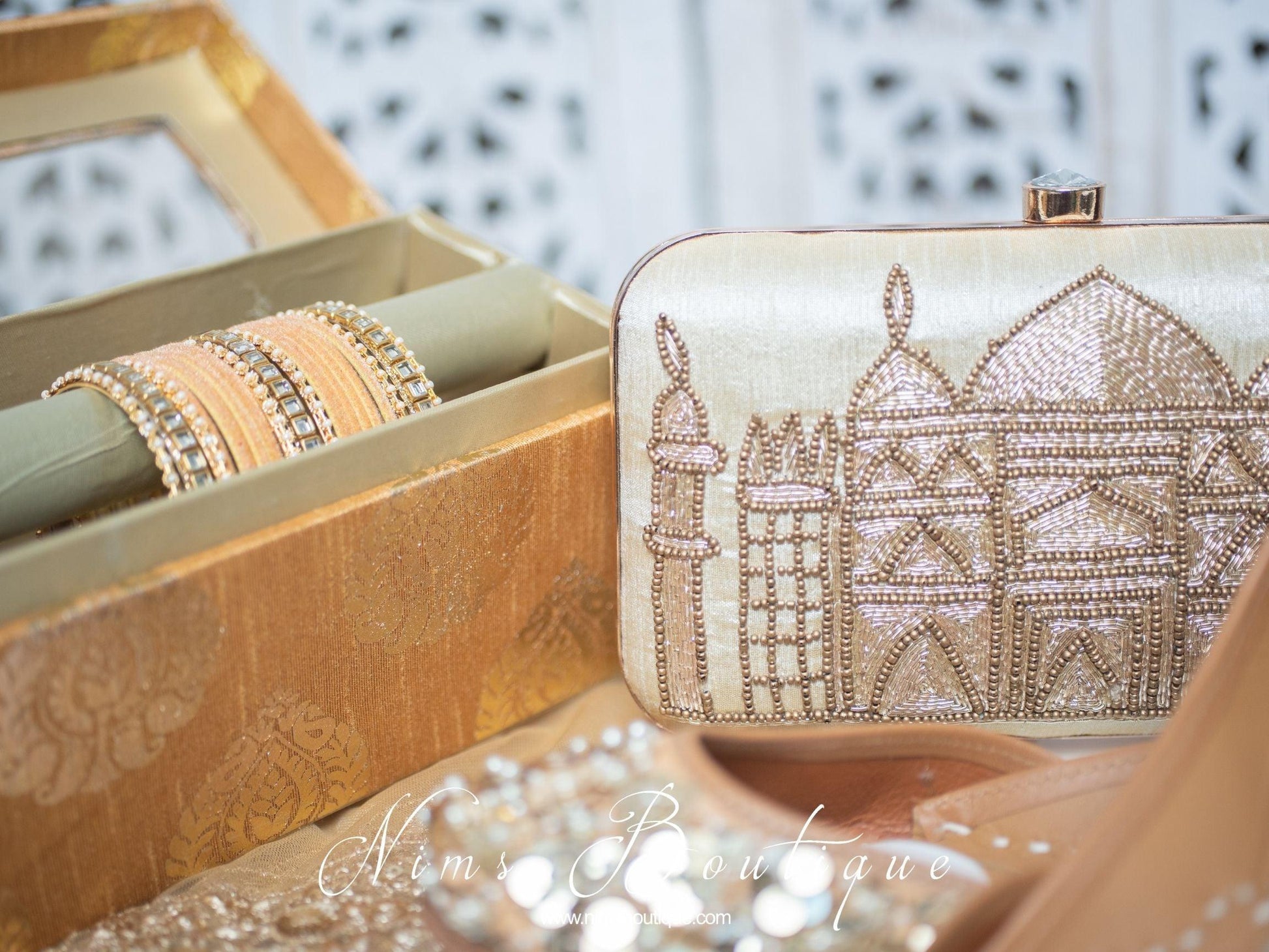 Nims Boutique Taj Cream Raw Silk Clutch Bag