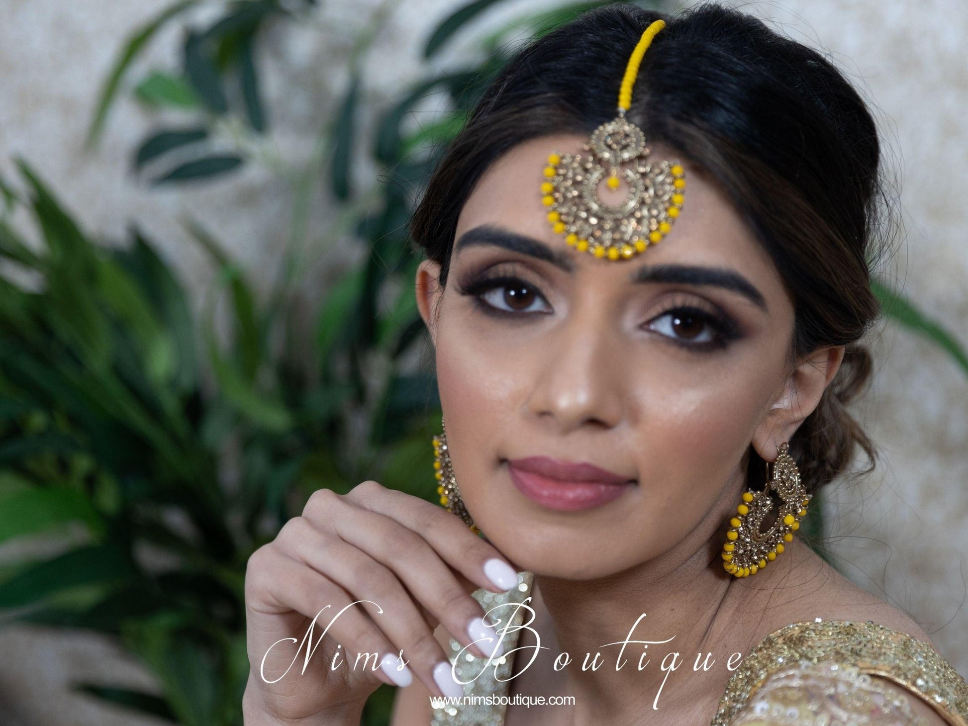 Nims Boutique Royal Dark Yellow & Gold Stone Chand Tikka Set