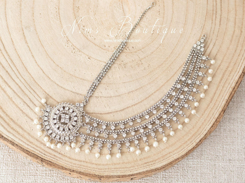 Nims Boutique Royal Silver & Pearl Headpiece/Matha Patti one side