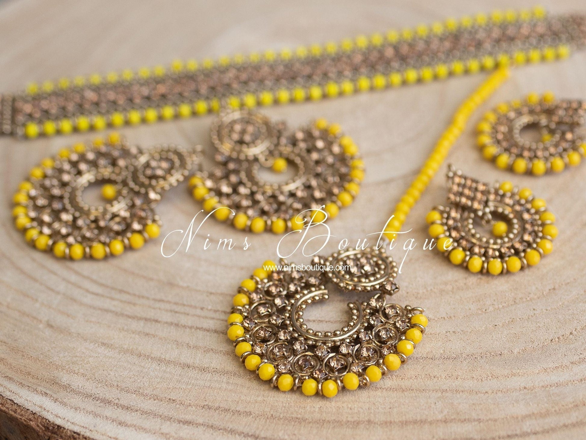 Nims Boutique Royal Dark Yellow & Gold Stone Chand Tikka Set