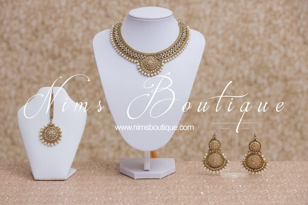 Nims Boutique Small Royal Antique Gold, Pearl & Clear Stone set