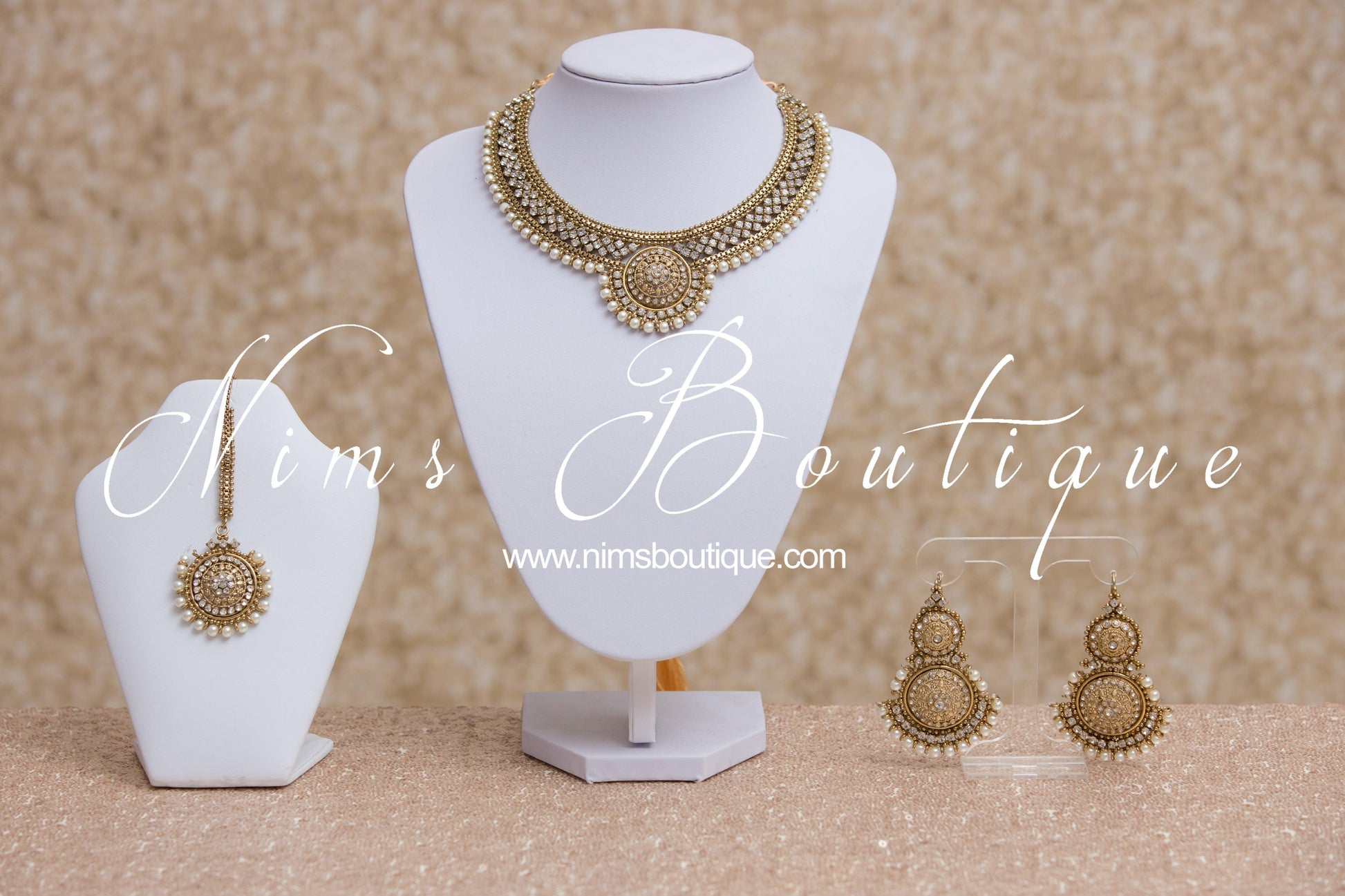 Nims Boutique Small Royal Antique Gold, Pearl & Clear Stone set