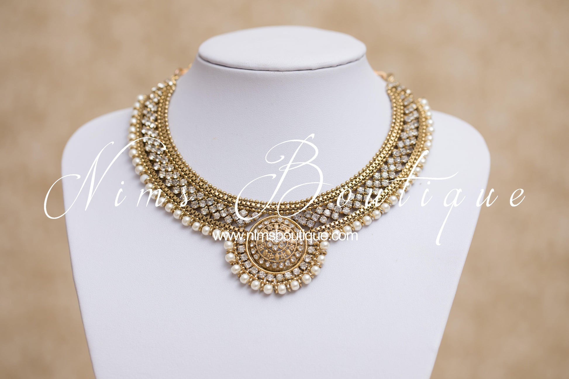 Nims Boutique Small Royal Antique Gold, Pearl & Clear Stone set