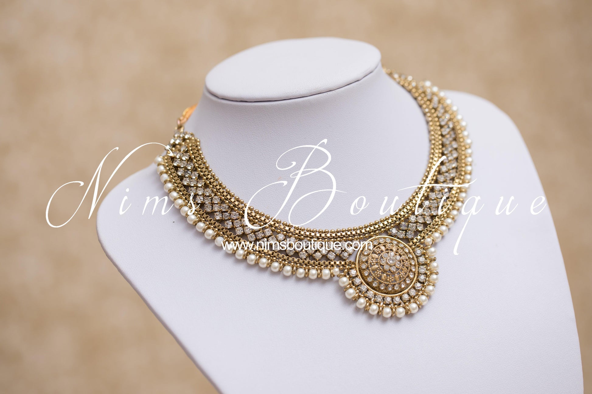 Nims Boutique Small Royal Antique Gold, Pearl & Clear Stone set
