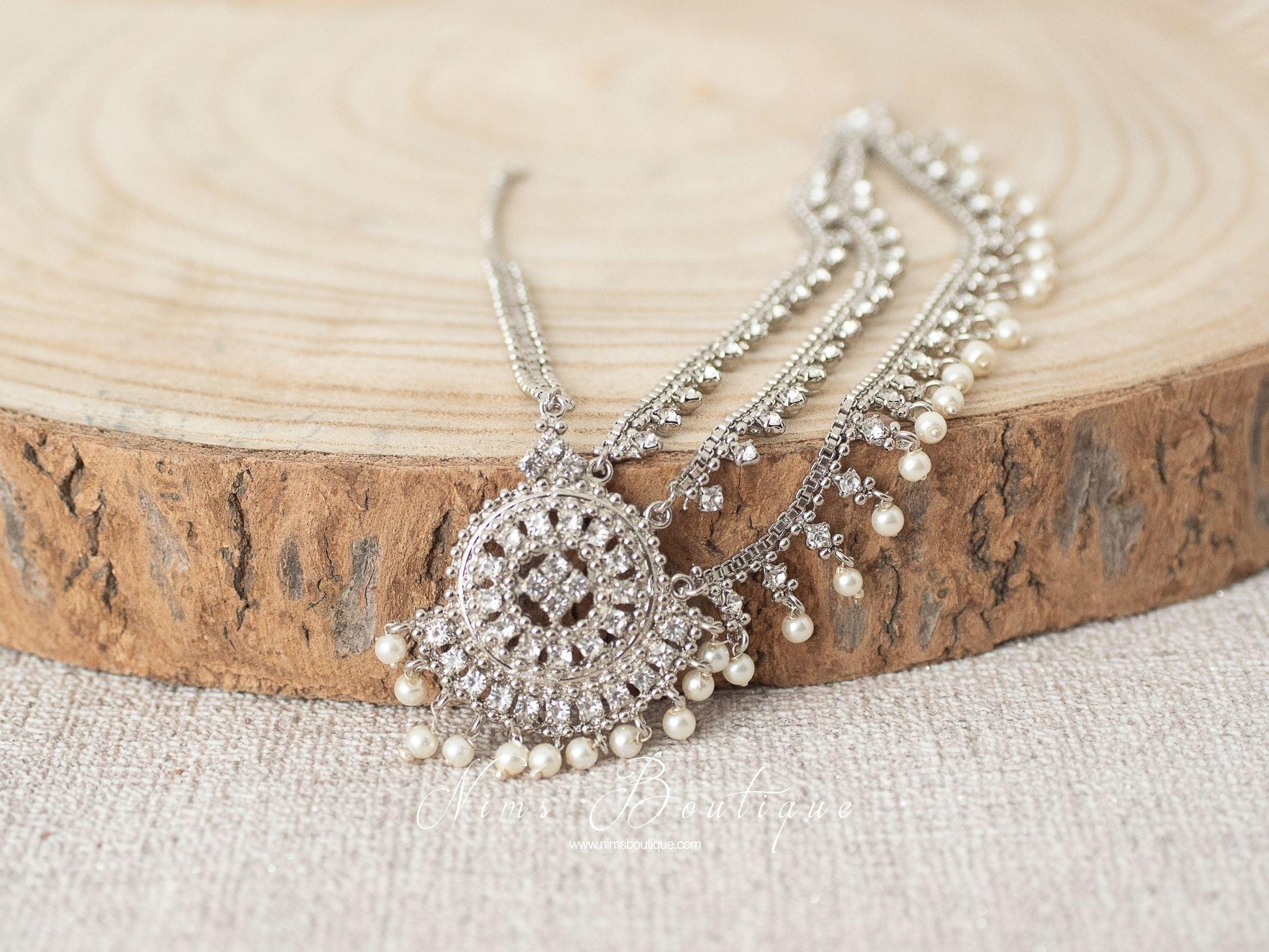 Nims Boutique Royal Silver & Pearl Headpiece/Matha Patti one side