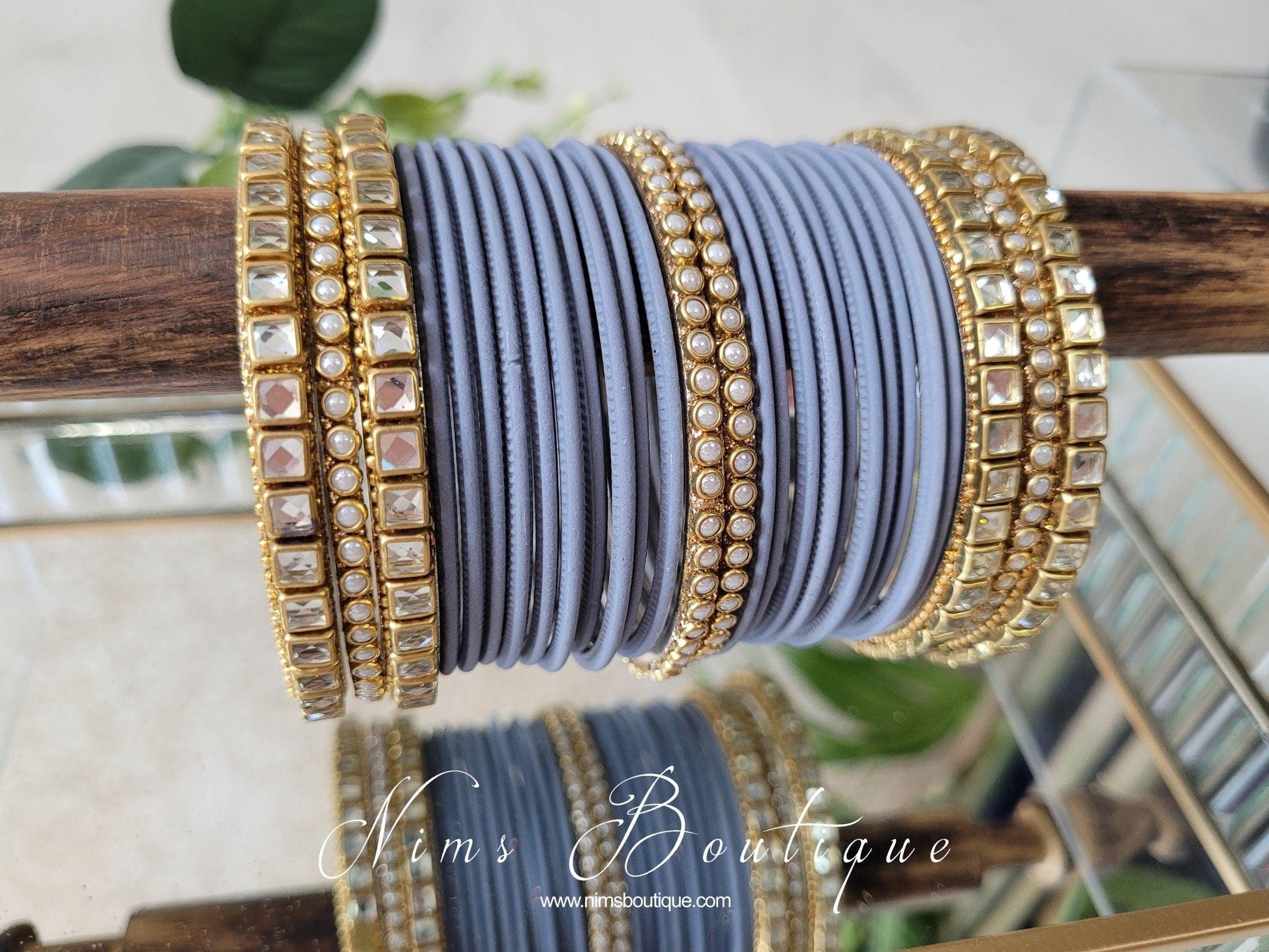 Nims Boutique Grey & Kundan Set of Bangles GR1