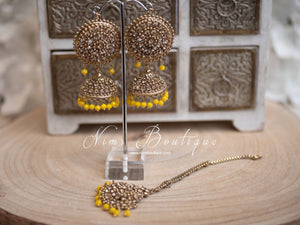 Nims Boutique Royal Dark Yellow & Gold Stone Chumke & Tikka Set